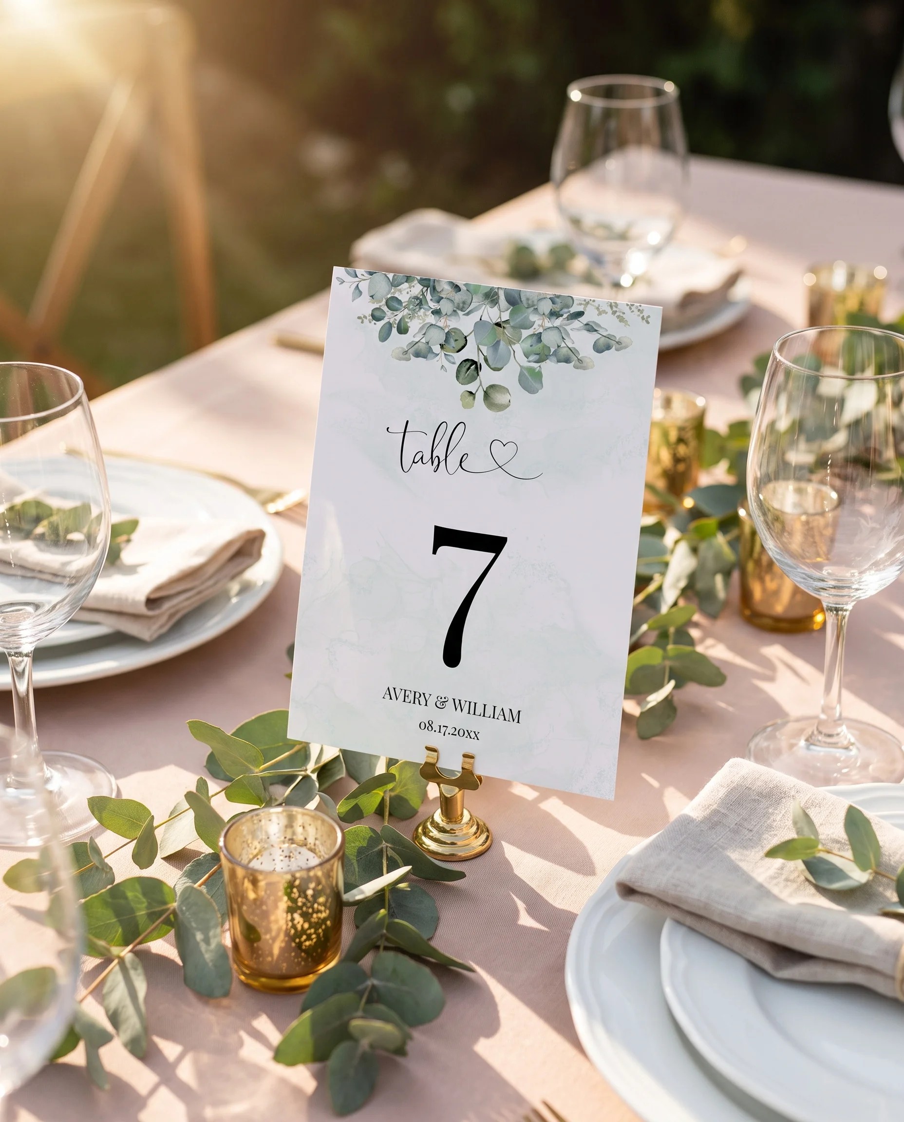 Eucalyptus Gold wedding table number — page displayed on a set reception table under soft natural light, table number signs.