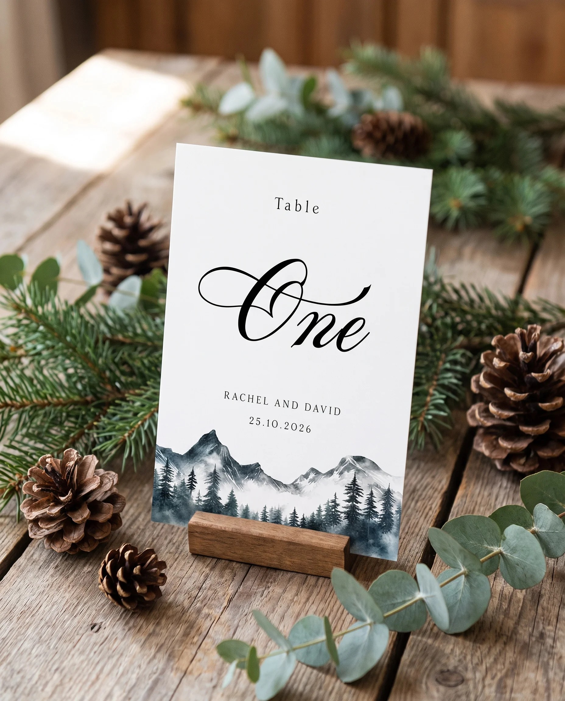 Pinecrest wedding table number — standing upright on a dressed table under soft natural light, table numbers wedding