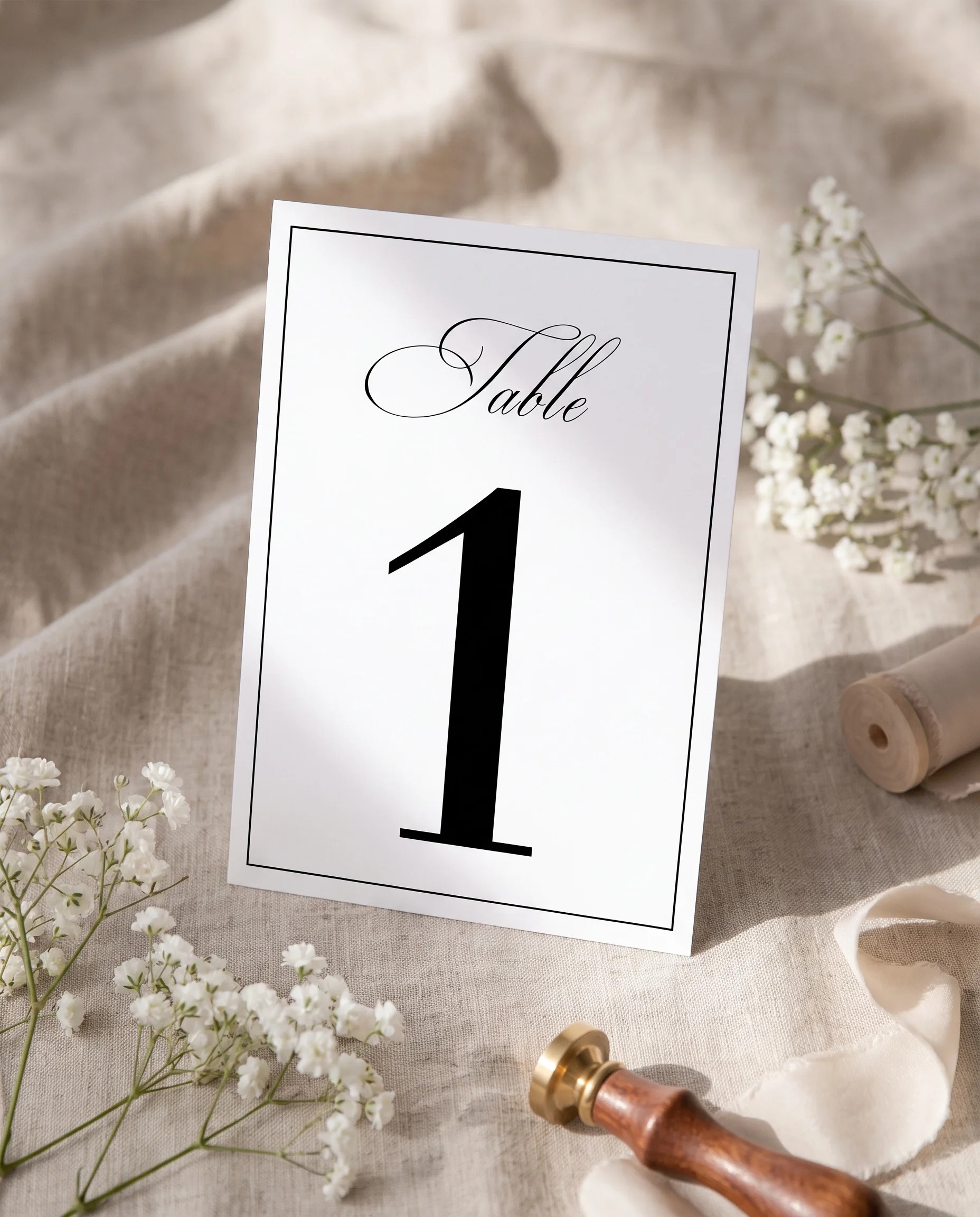 Crestline wedding table number — standing upright on a dressed table under soft natural light, table numbers wedding.