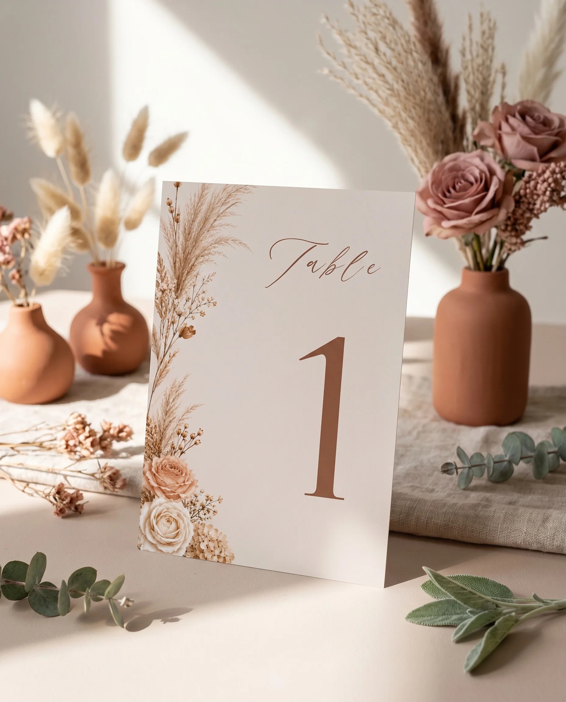 Pampas Hush wedding table number — standing upright on a dressed table under soft natural light, table numbers wedding