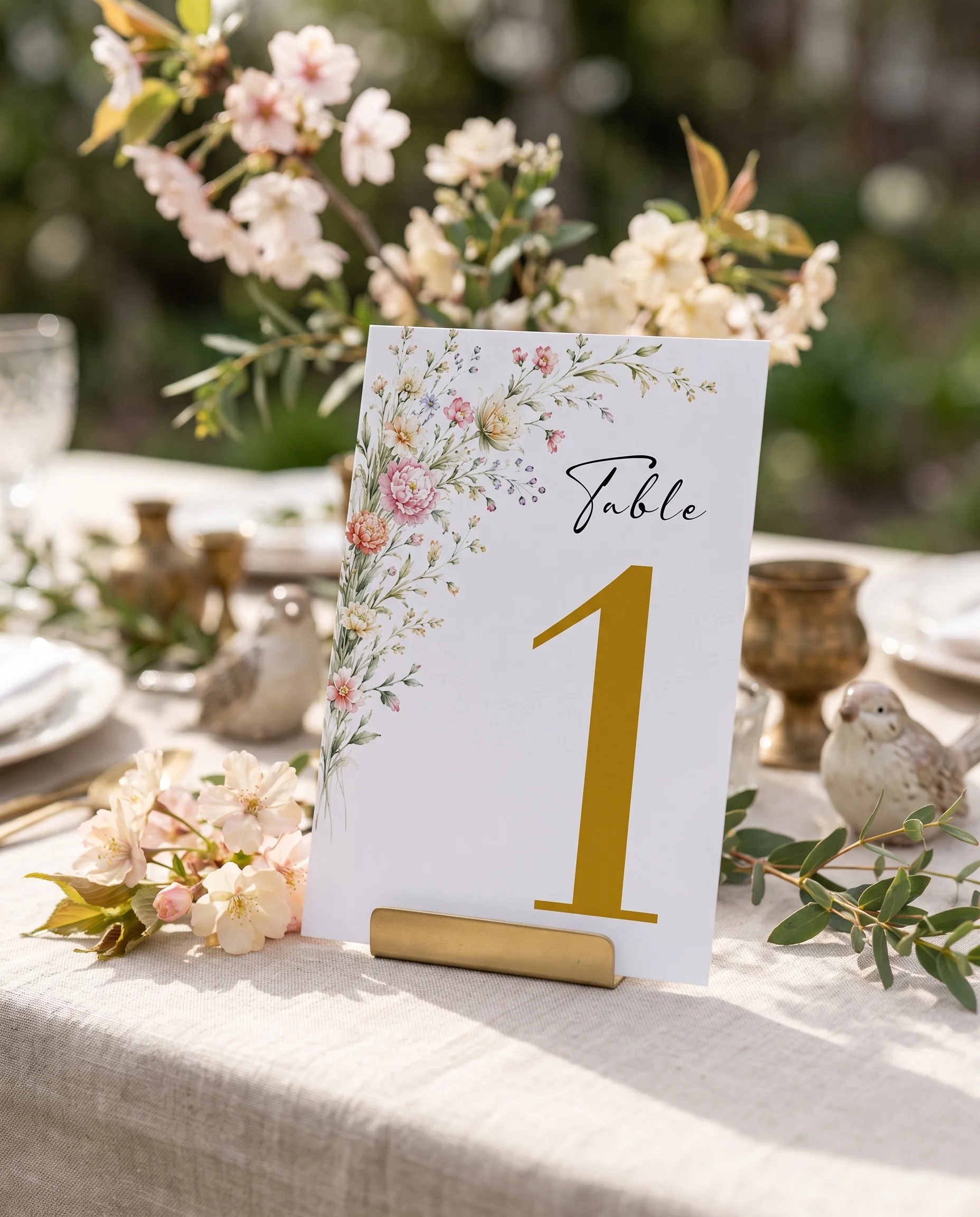 Petal Arbor wedding table number — standing upright on a dressed table under soft overhead natural light, table numbers wedding