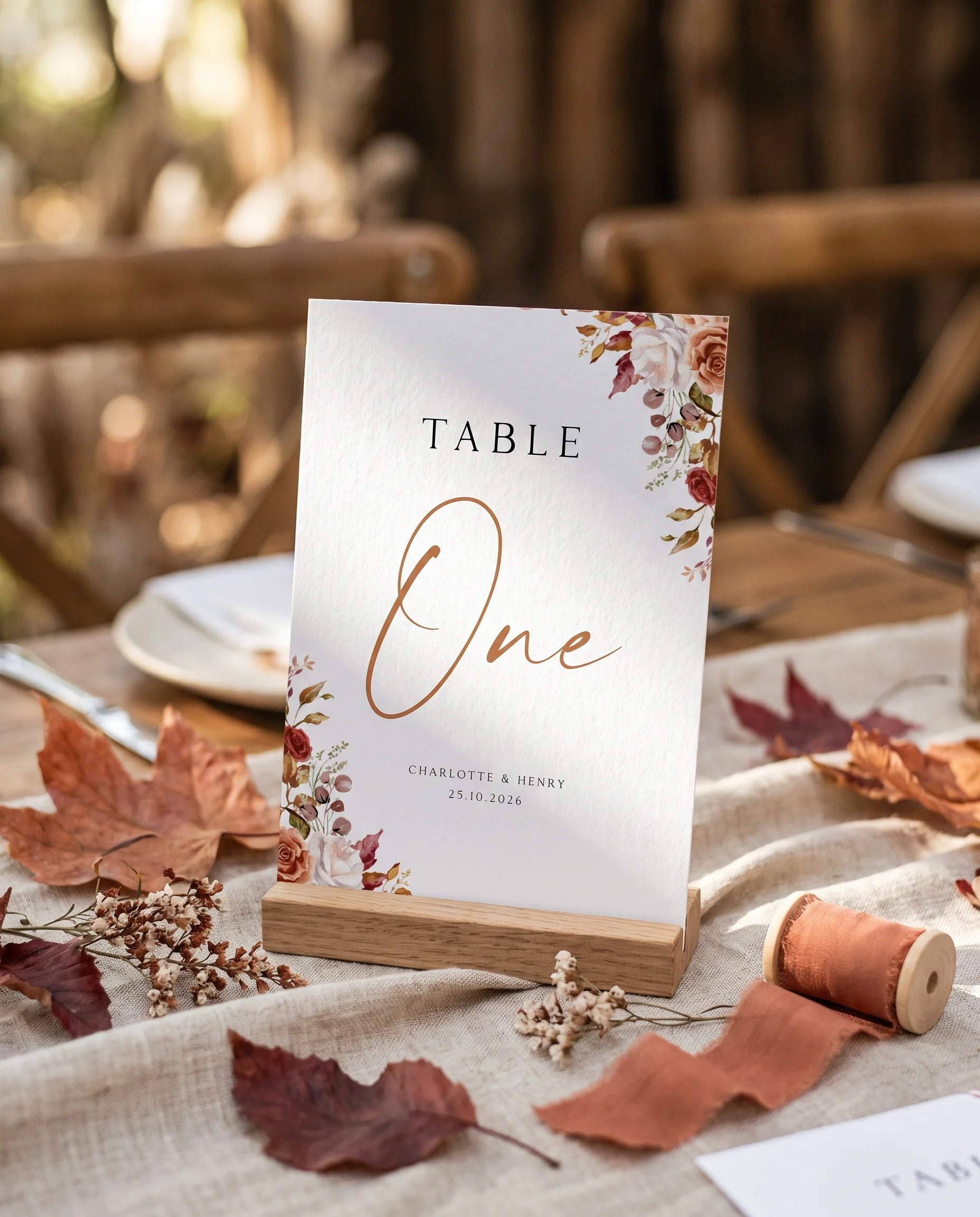 Autumn Bloom wedding table number — standing upright on a dressed table under soft natural light, table numbers wedding