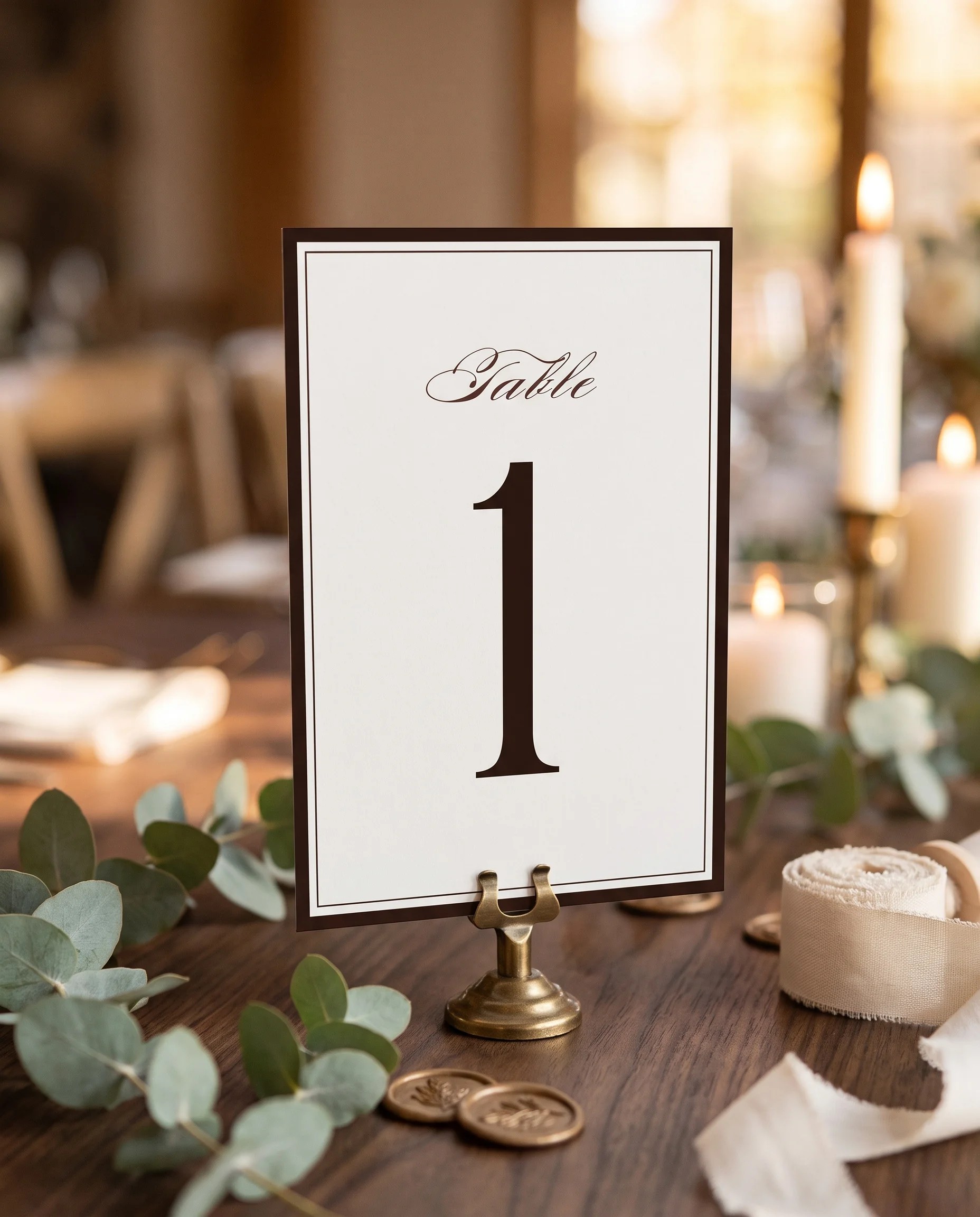 Velour wedding table number — standing upright on a dressed table under soft natural light, table numbers wedding.
