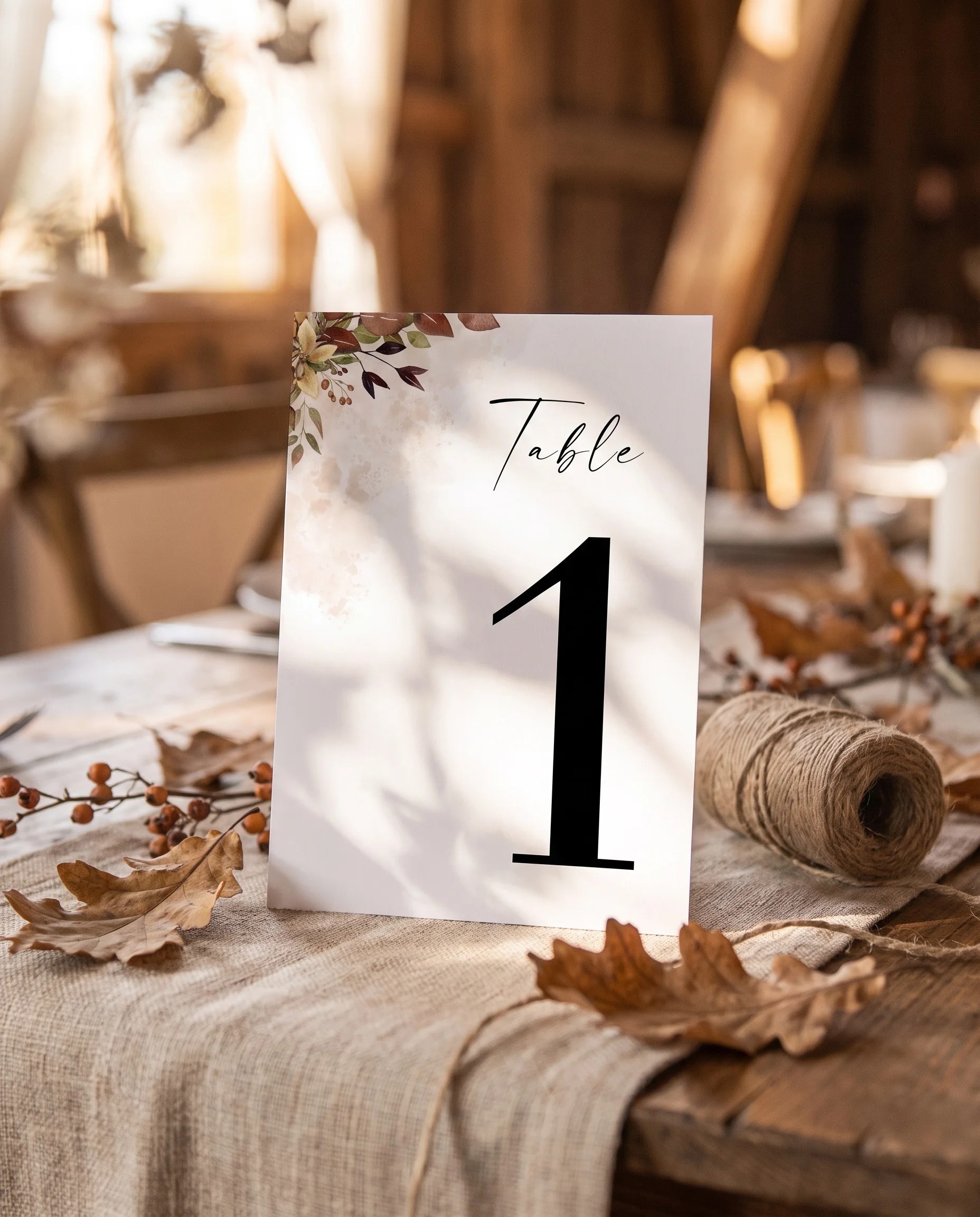 Autumn Bough wedding table number — standing upright on a dressed table under soft overhead natural light, table numbers wedding.