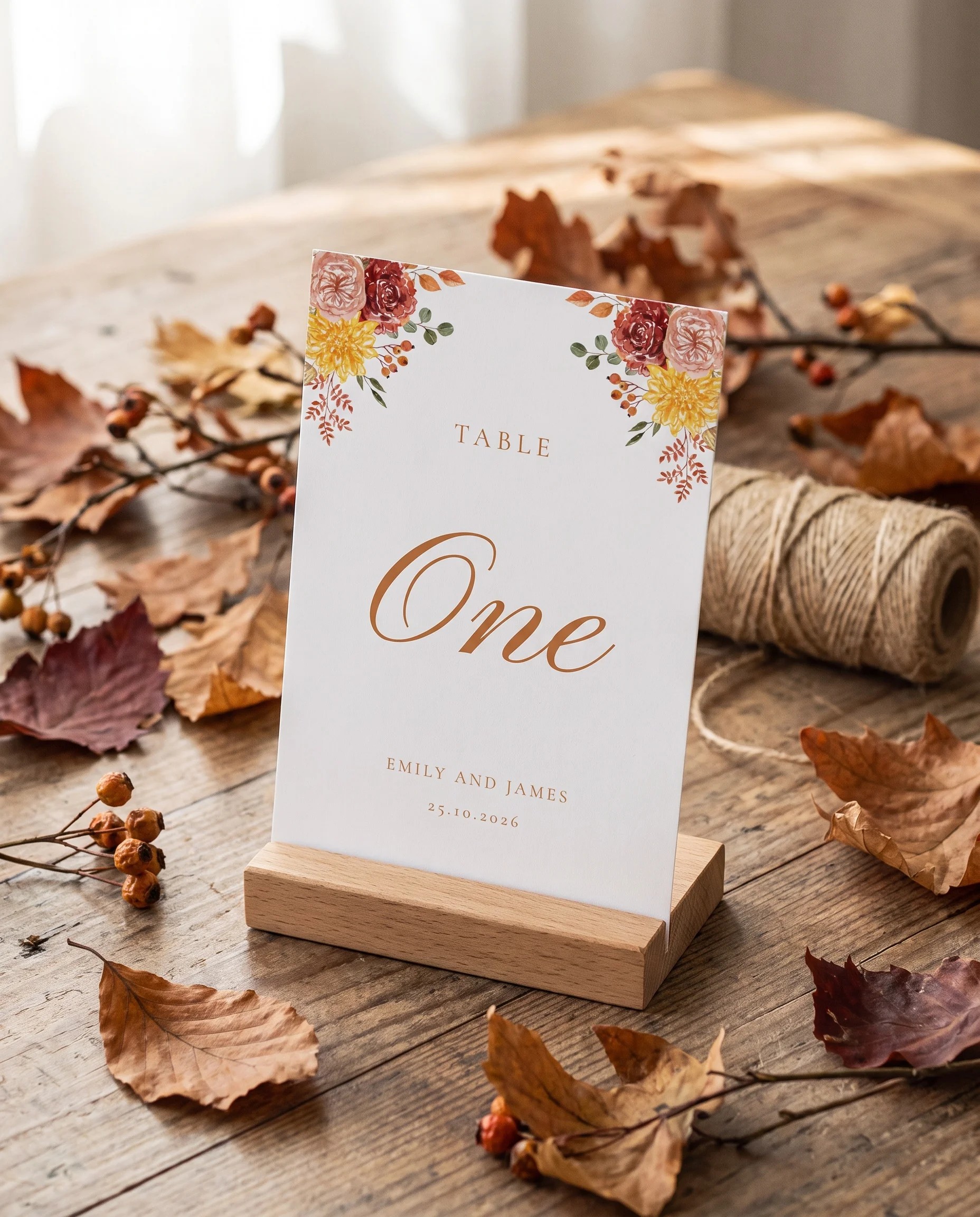 Ember Bloom wedding table number — standing upright on a dressed table under soft natural light, table numbers wedding