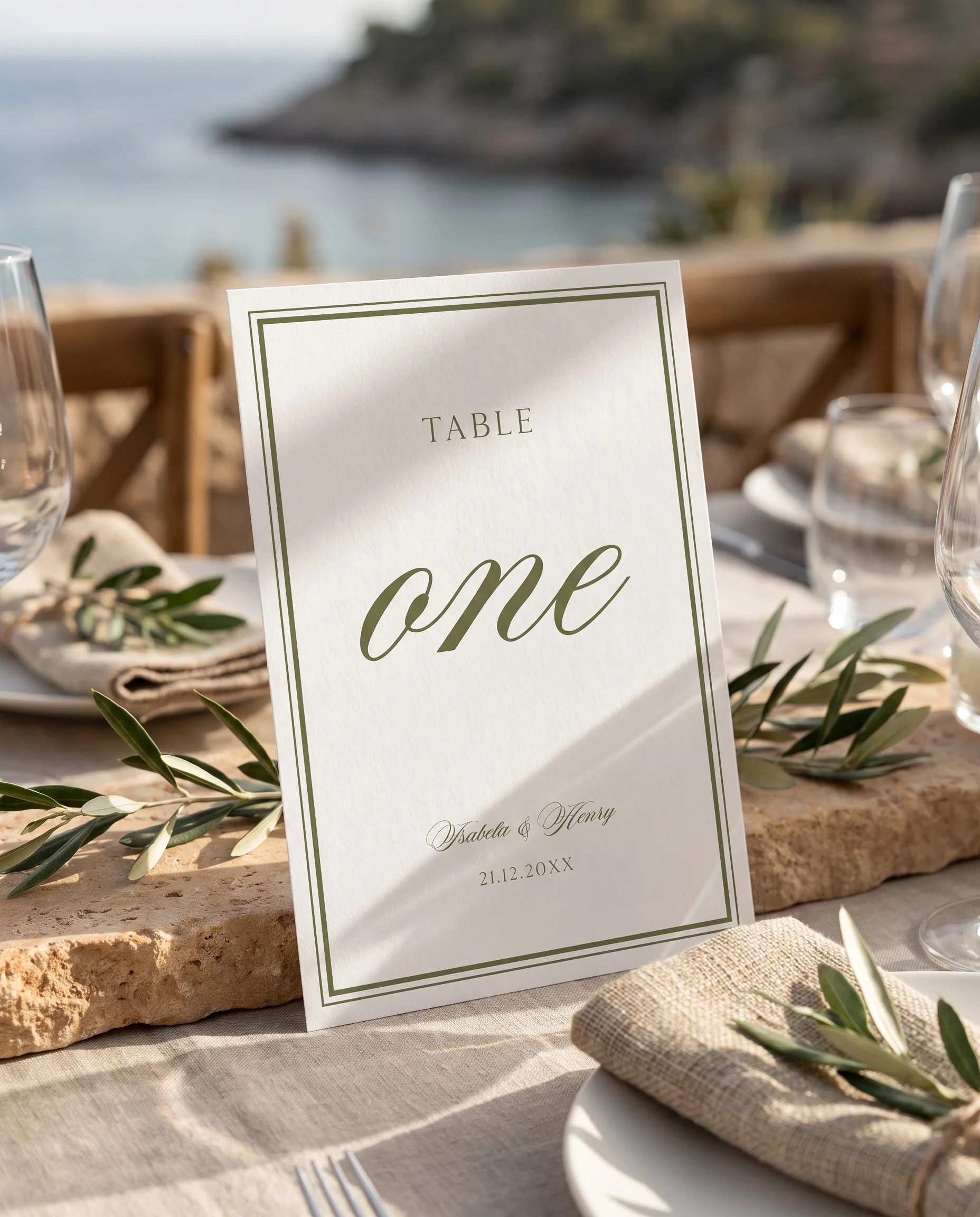 Olive Script wedding table number — displayed on a set reception table under soft natural light, table number signs.