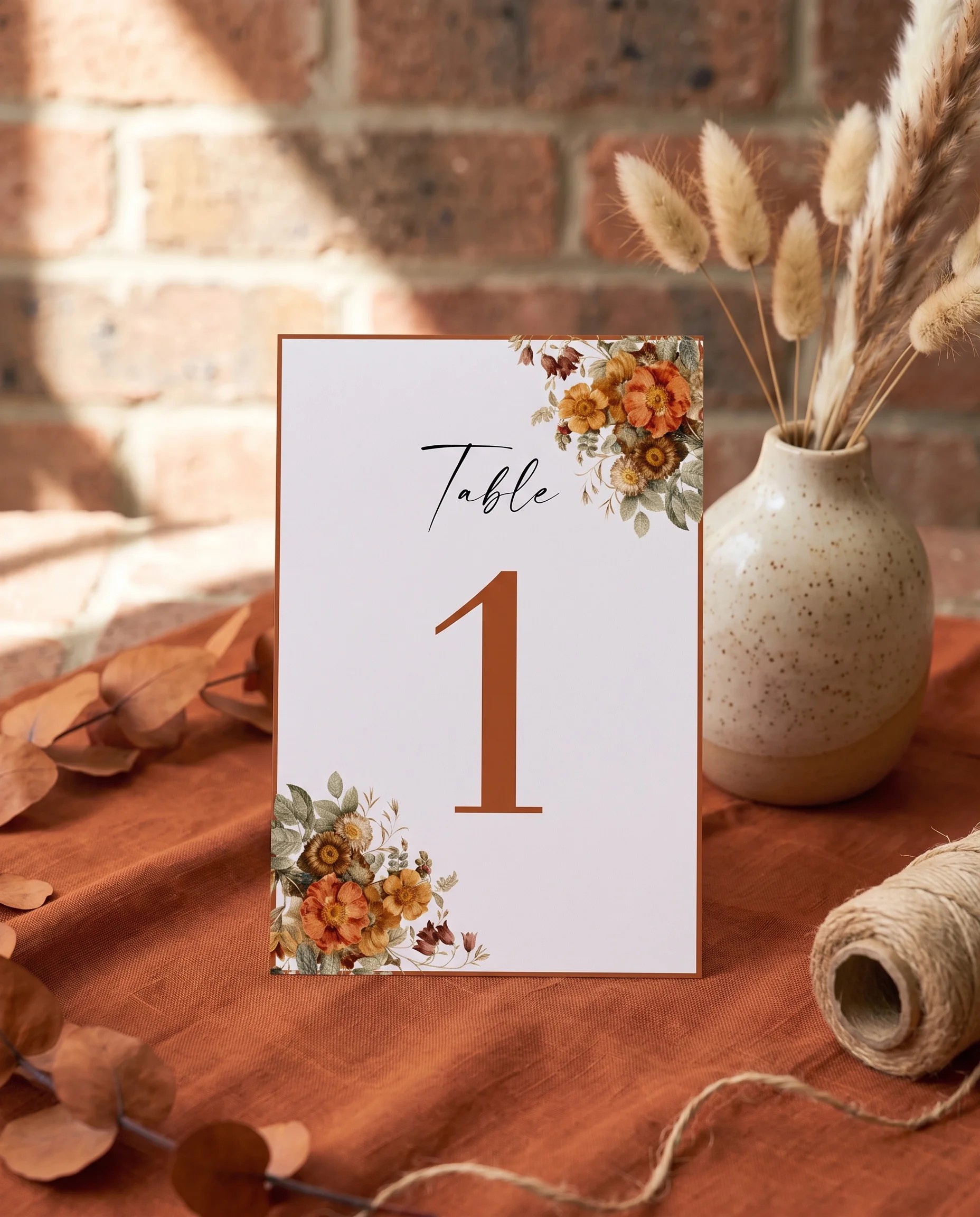 Terracotta Crown wedding table number — standing upright on a dressed table under soft natural light, table numbers wedding