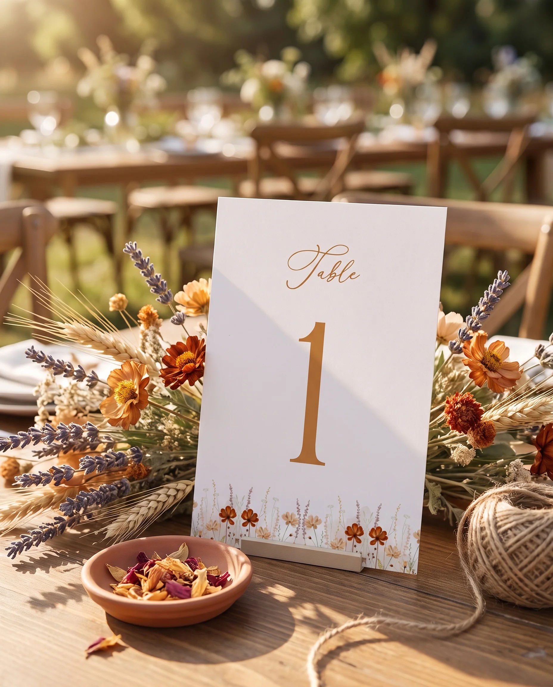Amber Meadow wedding table number — standing upright on a dressed table under soft natural light, table numbers wedding