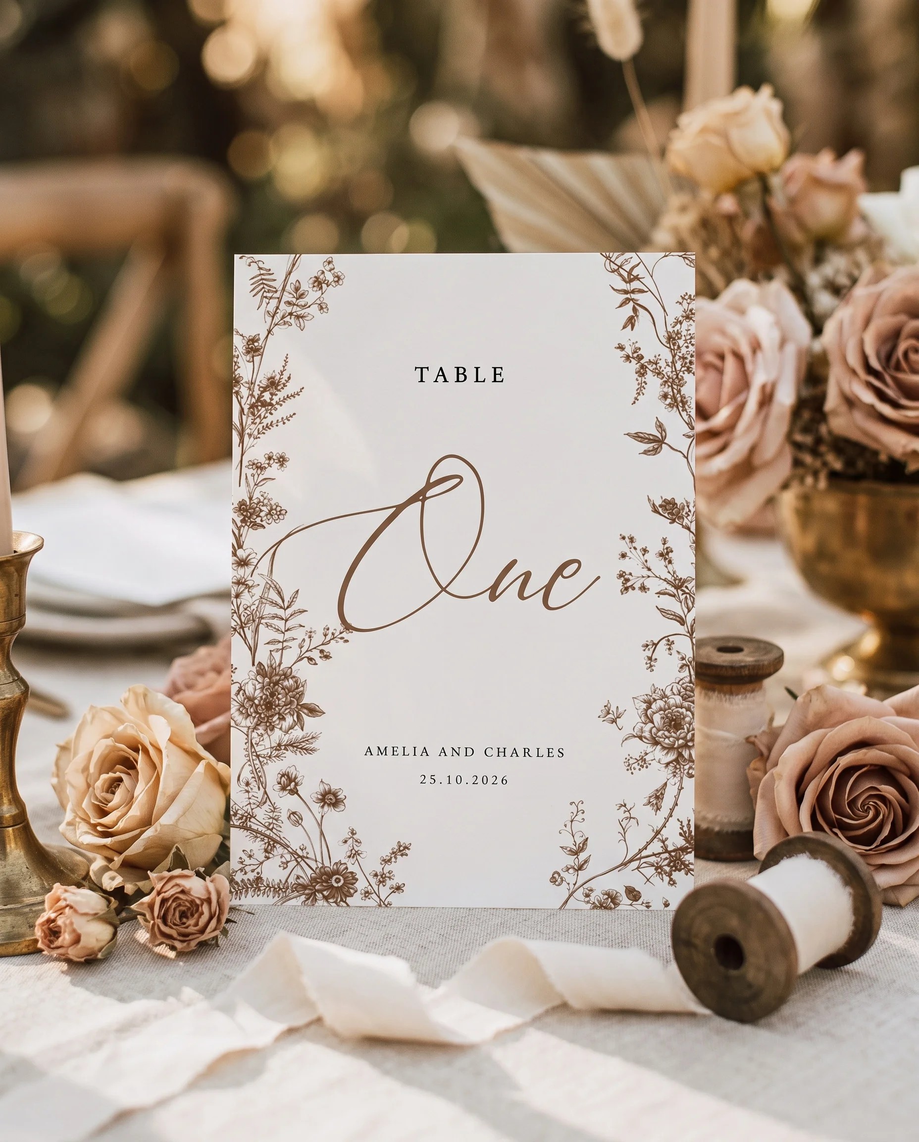 Sepia Crest wedding table number — standing upright on a dressed table under soft natural light, table numbers wedding.