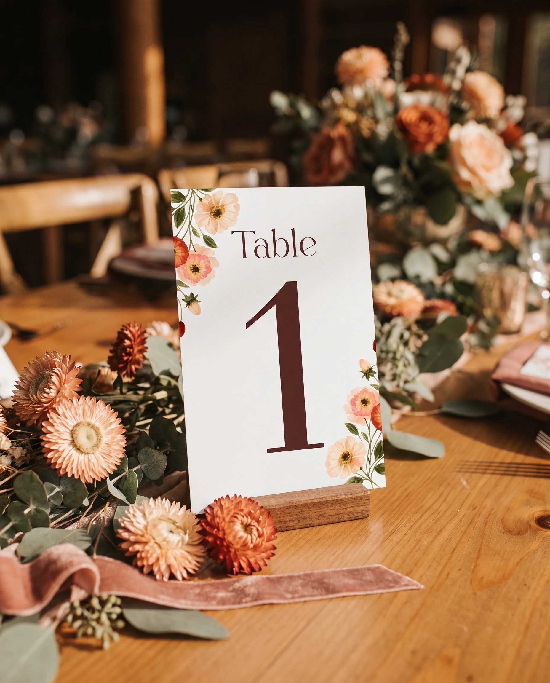 Eucalyptus Bloom wedding table number — standing upright on a dressed table under soft natural light, table numbers wedding