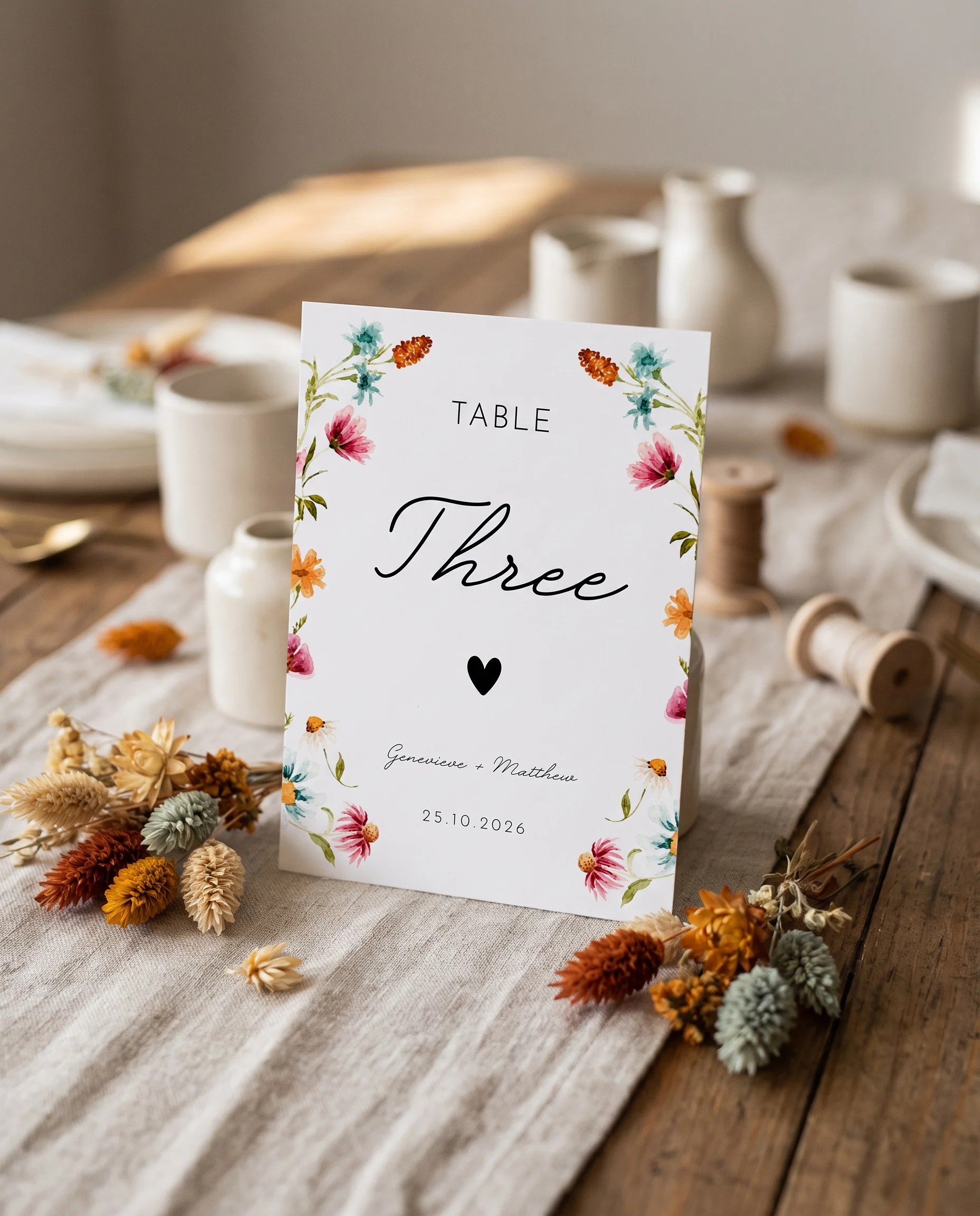 Meadow Ring wedding table number — standing upright on a dressed table under soft natural light, table numbers wedding