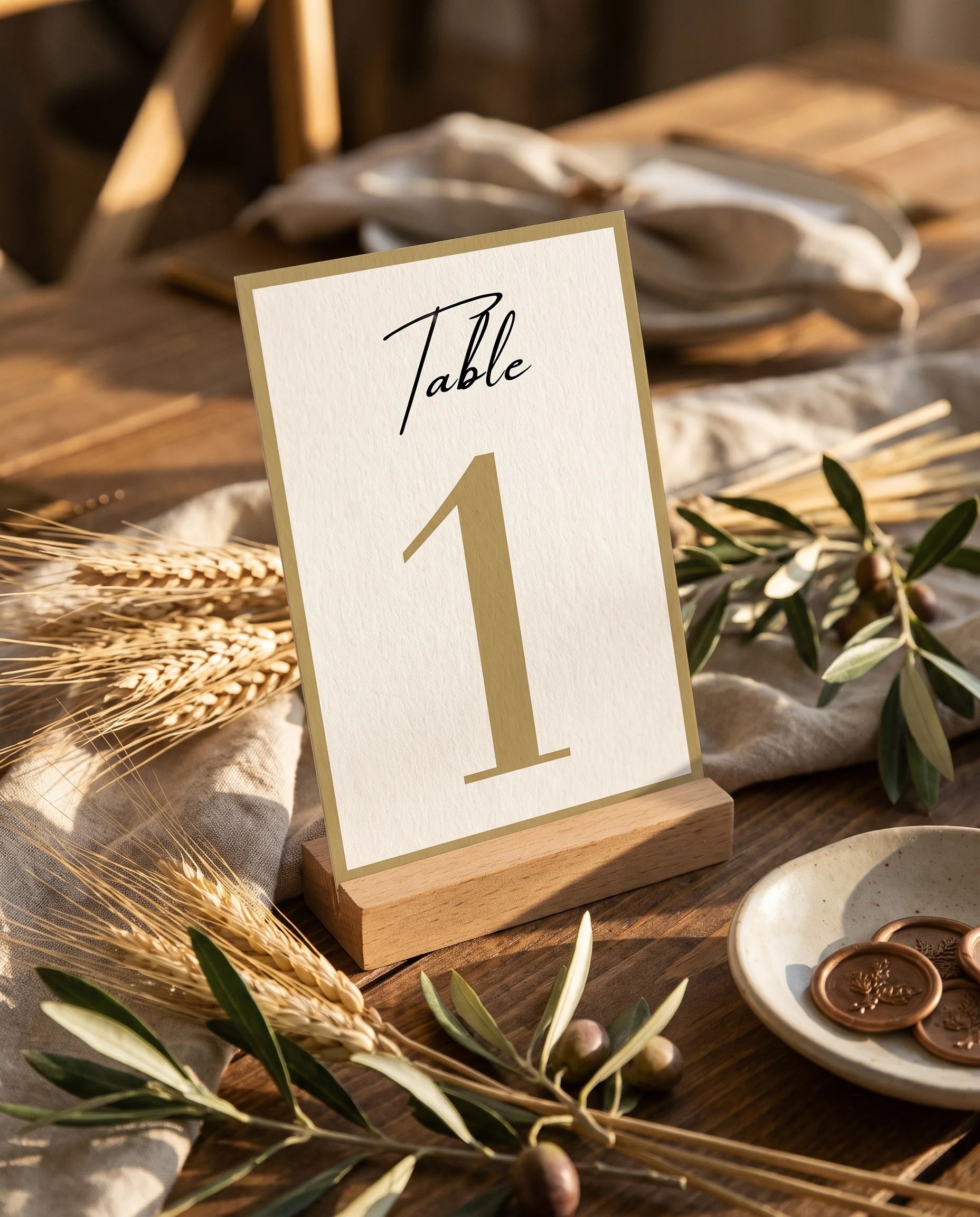 Golden Vale wedding table number — standing upright on a dressed table under soft natural light, table numbers wedding.