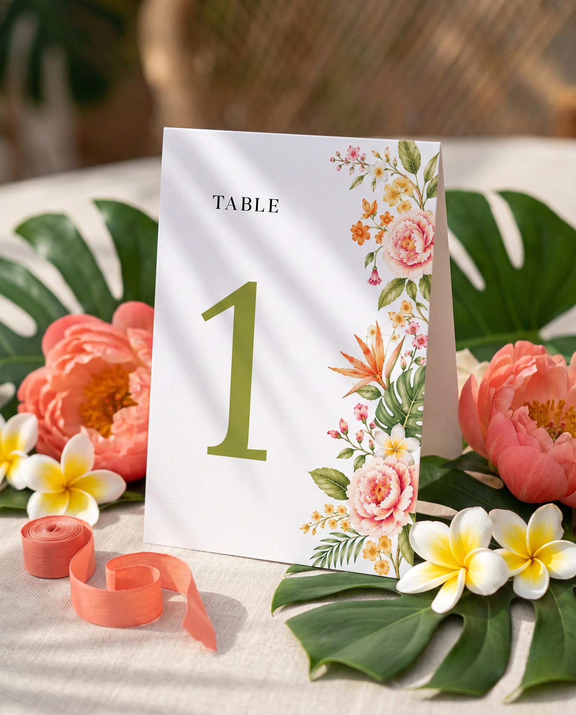 Plumeria Peony wedding table number — standing upright on a dressed table under soft natural light, table numbers wedding
