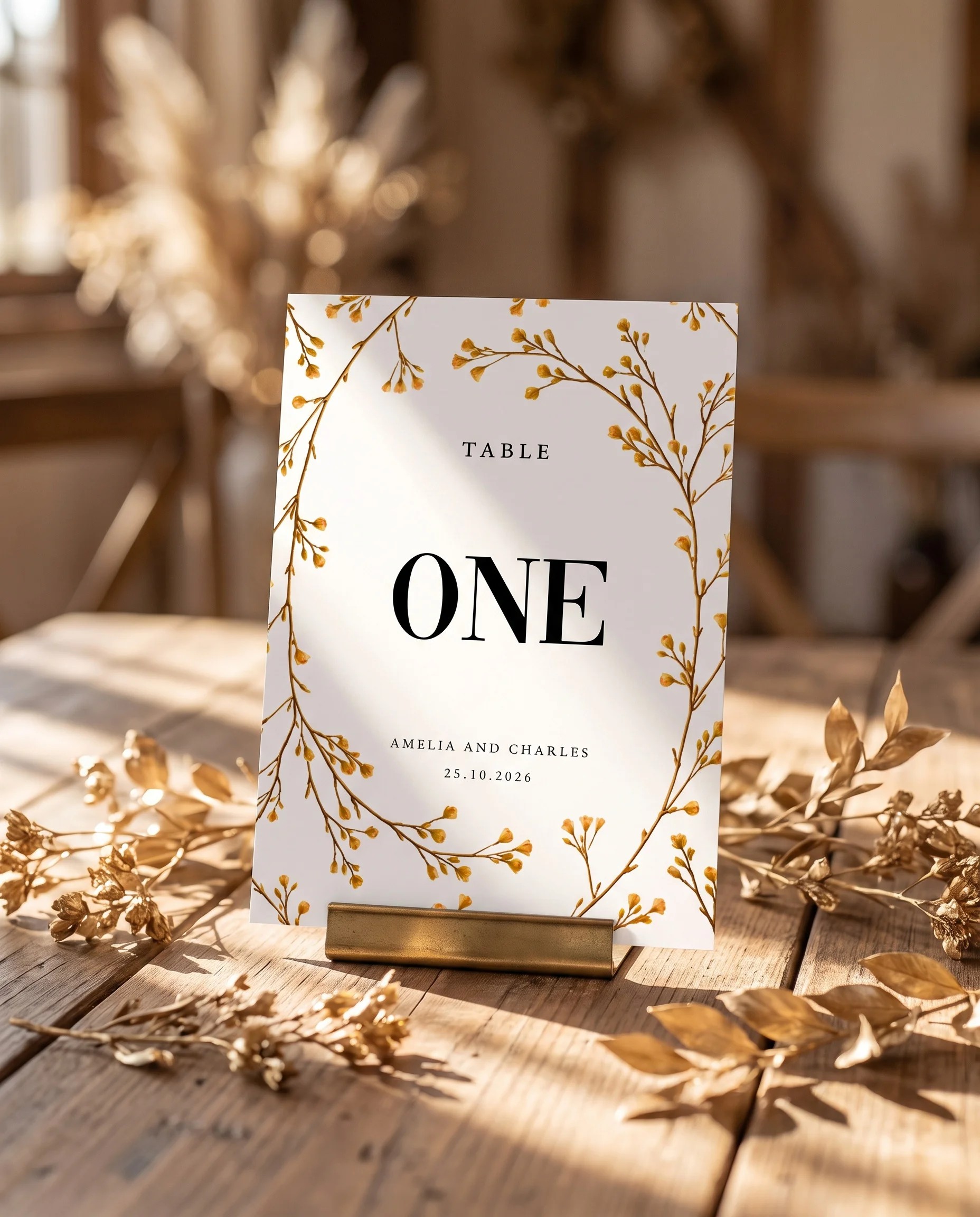 Golden Vine wedding table number — standing upright on a dressed table under soft natural light, slight overhead angle, table numbers wedding