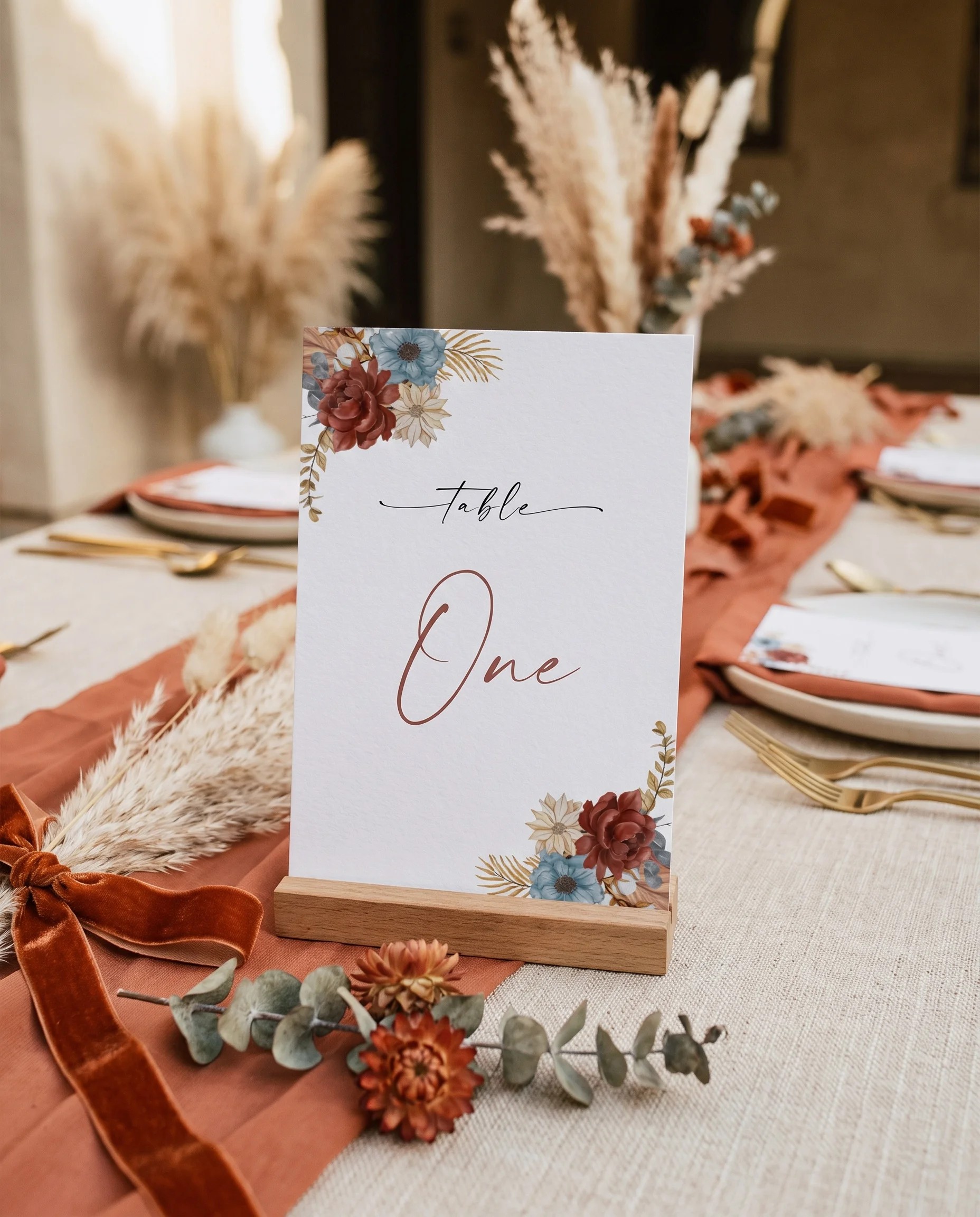 Marisol Bloom wedding table number — standing upright on a dressed table under soft natural light, table numbers wedding