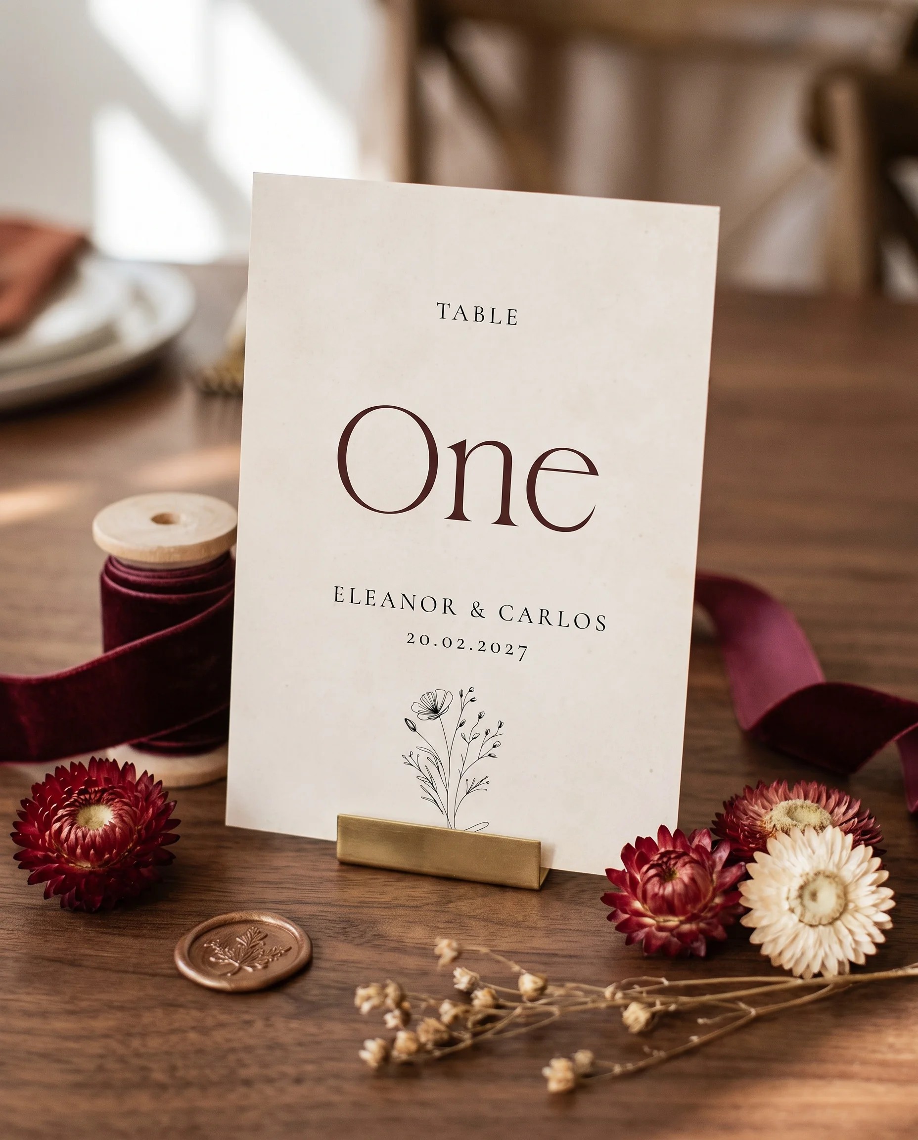 Heritage Bloom wedding table number — standing upright on a dressed table under soft natural light, table numbers wedding
