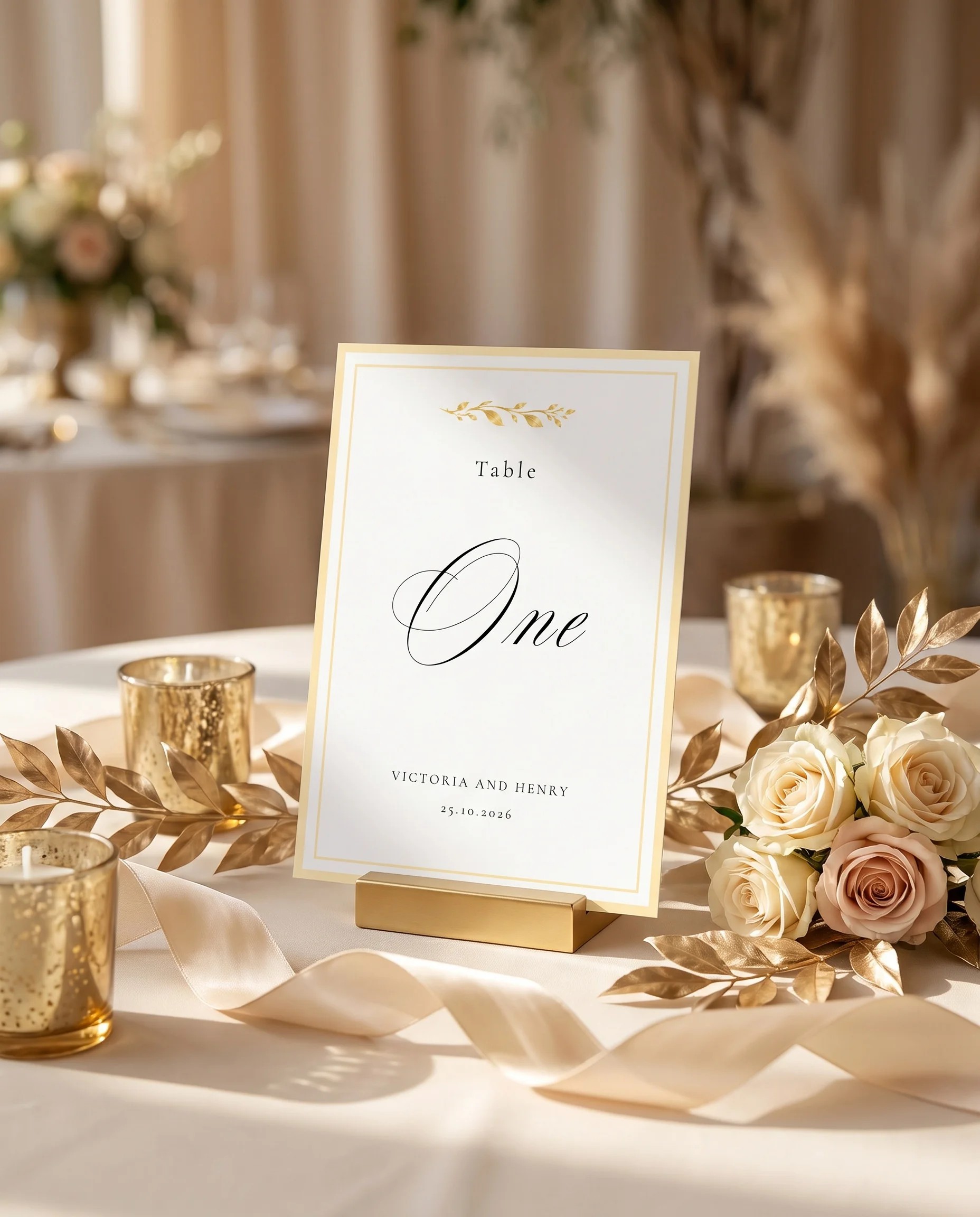 Gilded Bough wedding table number — standing upright on a dressed table under soft natural light, table numbers wedding