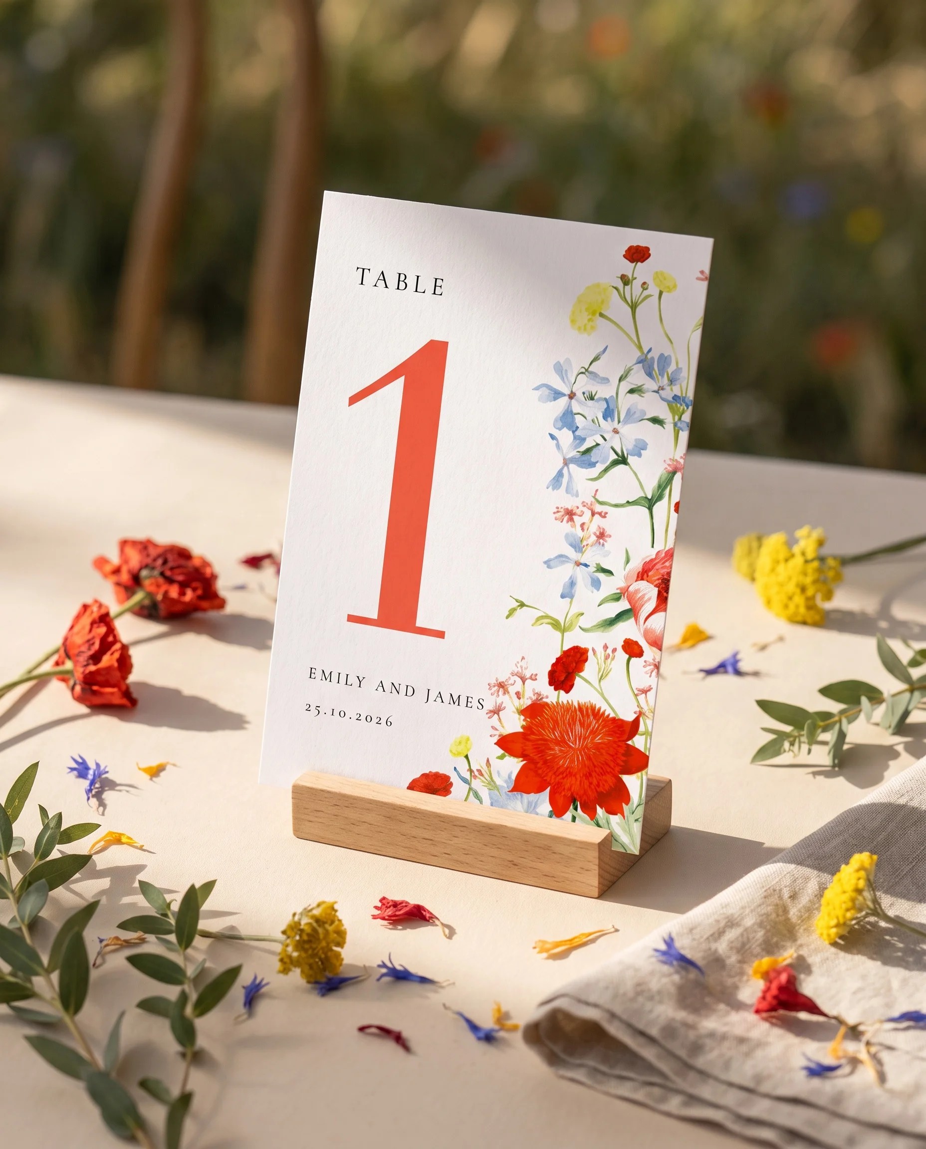 Poppy Meridian wedding table number — standing upright on a dressed table under soft natural light, slight overhead angle, table numbers wedding.
