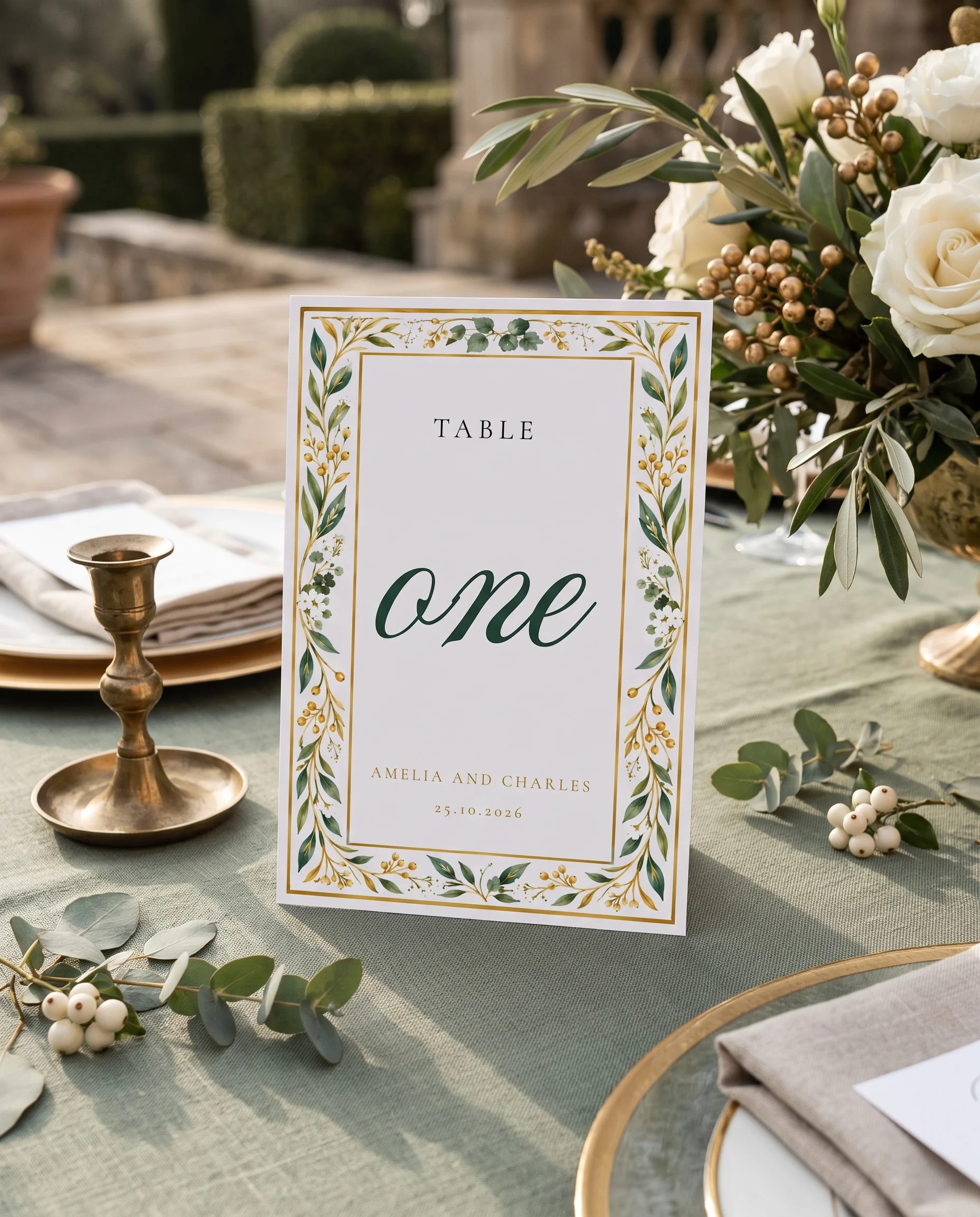 Gilded Foliage wedding table number — standing upright on a dressed table under soft natural light, table numbers wedding.