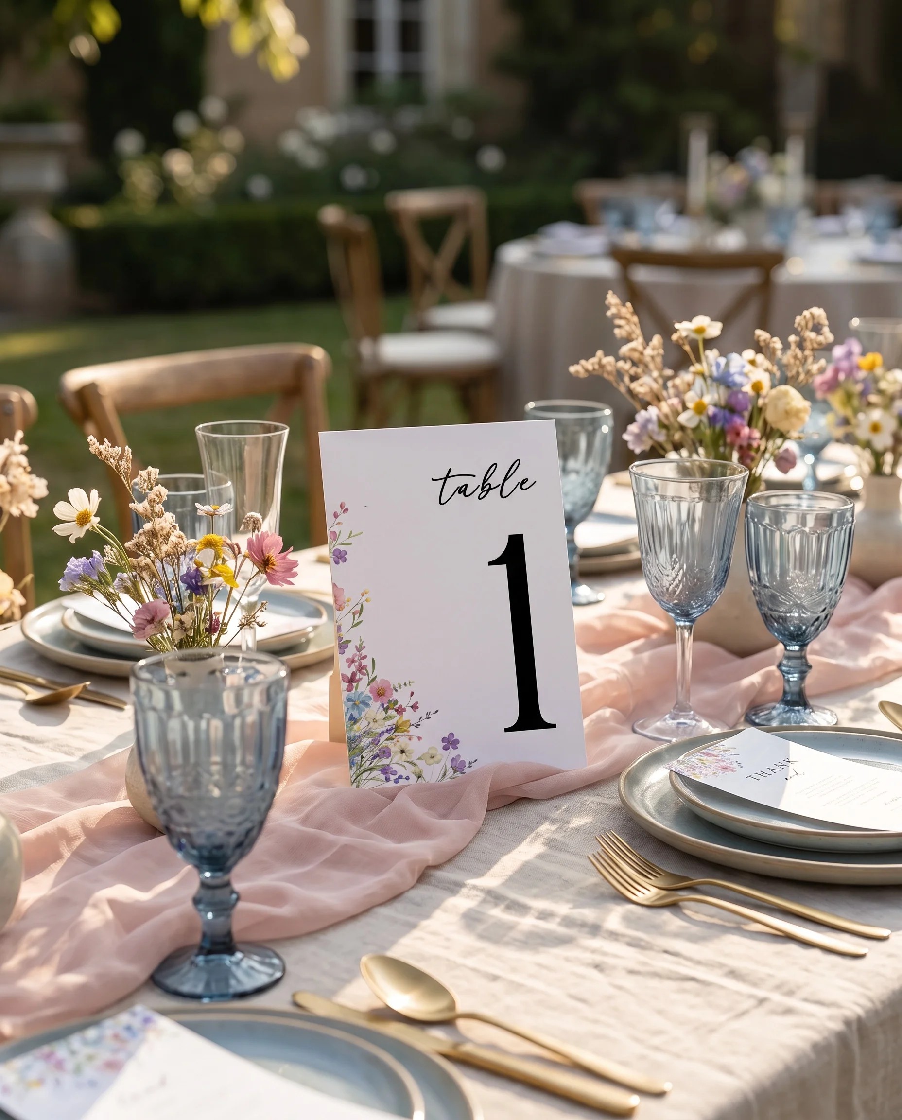 Meadowlark wedding table number — page standing upright on a fully set reception table under soft natural light, table number signs