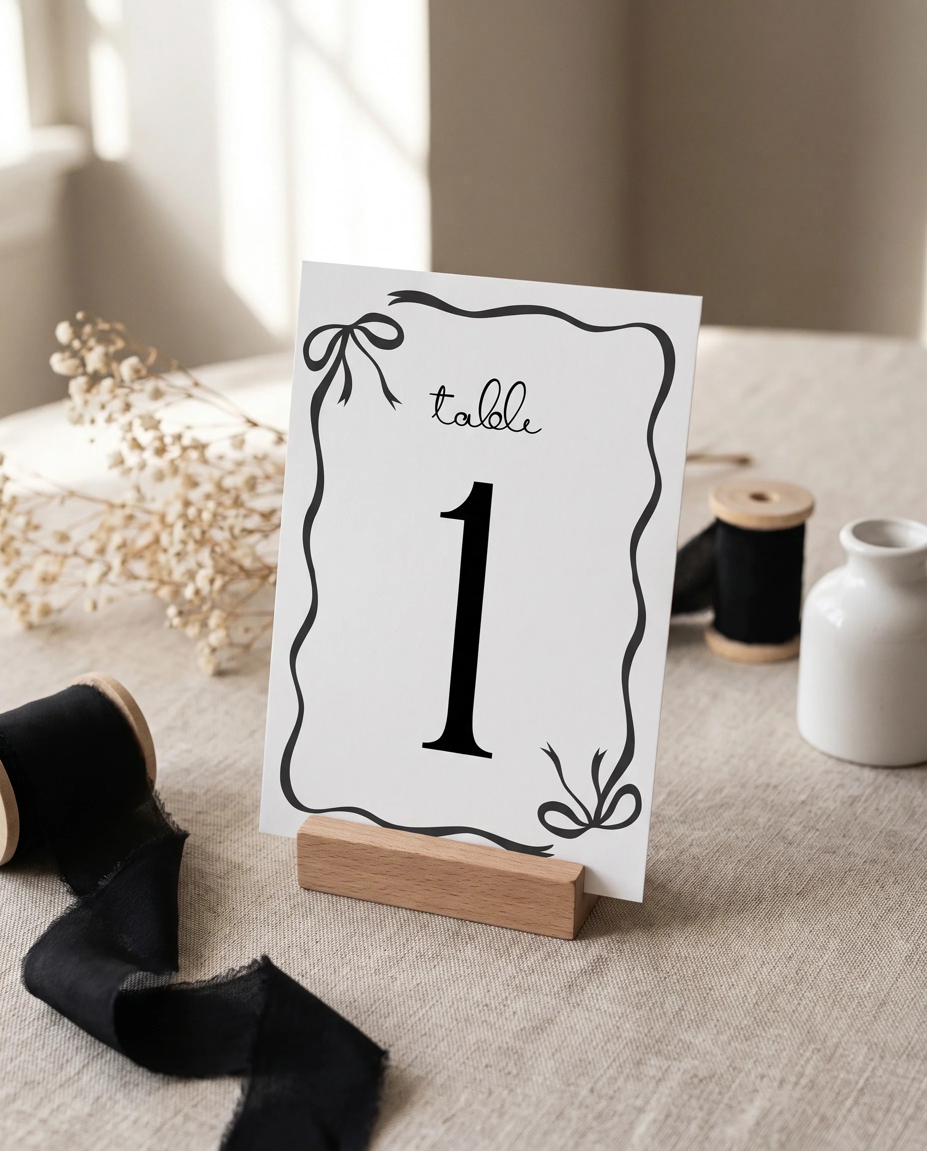 Sketchbook Bow wedding table number — standing upright on a dressed table under soft natural light, table numbers wedding.