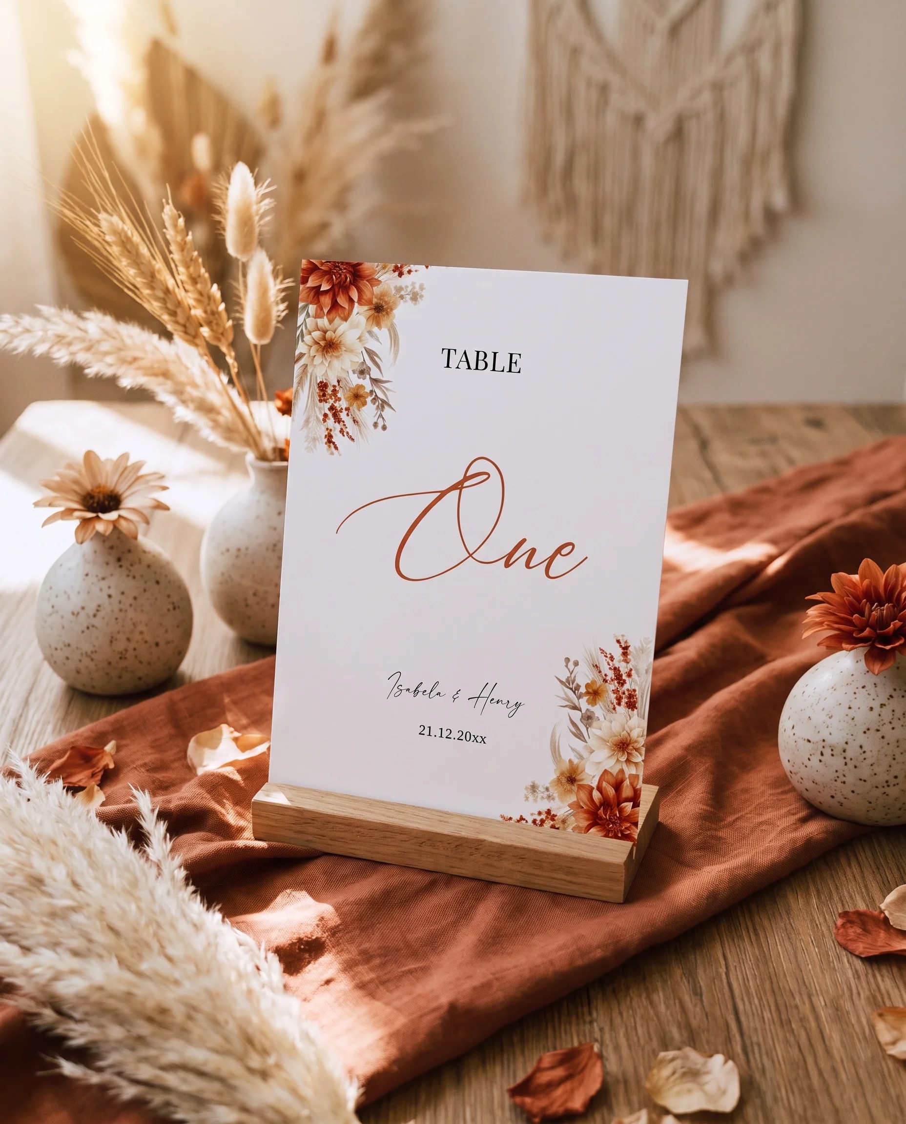 Dahlia Ember wedding table number — standing upright on a dressed table under soft natural light, table numbers wedding