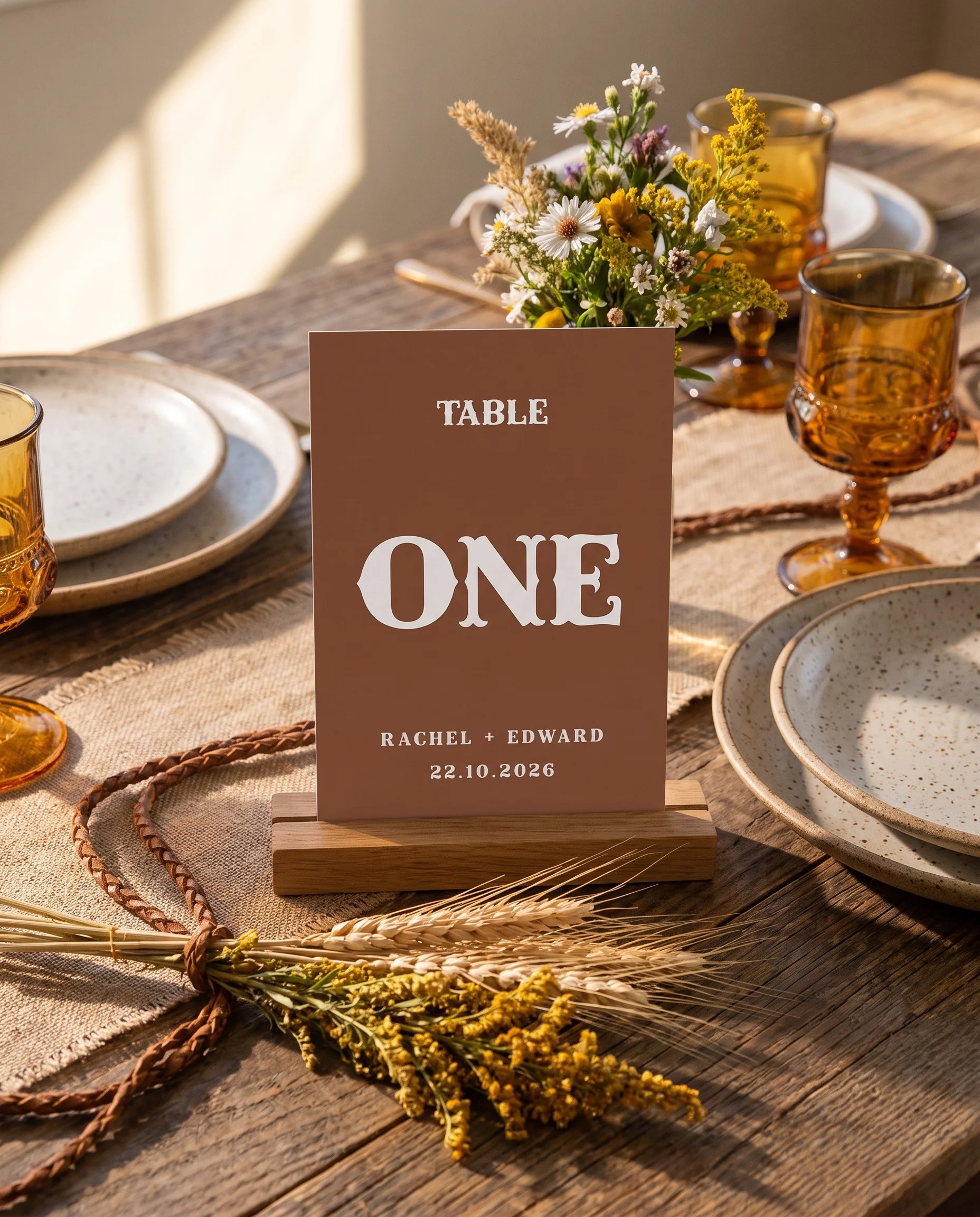 Saddle Crest wedding table number — standing upright on a dressed table under soft natural light, table numbers wedding.