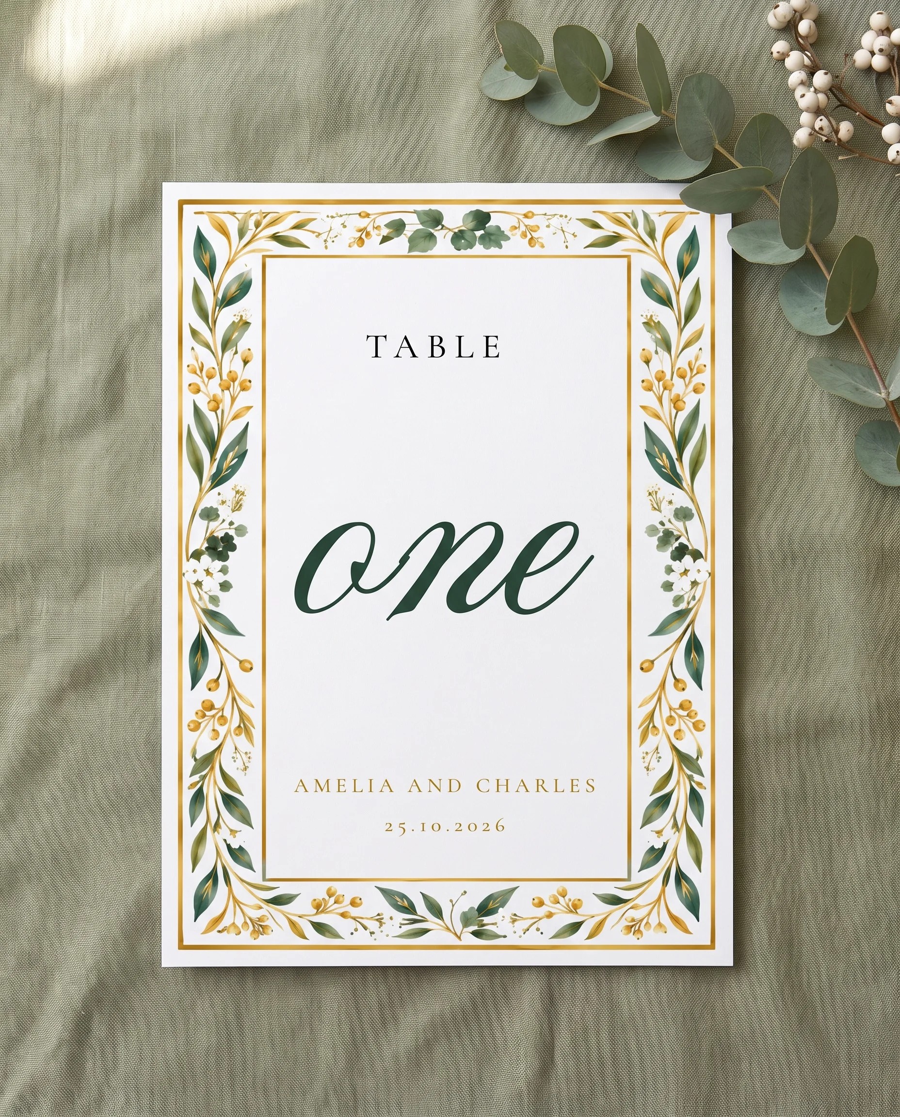 Gilded Foliage wedding table number — shown flat under soft overhead light on premium editorial paper, wedding table numbers