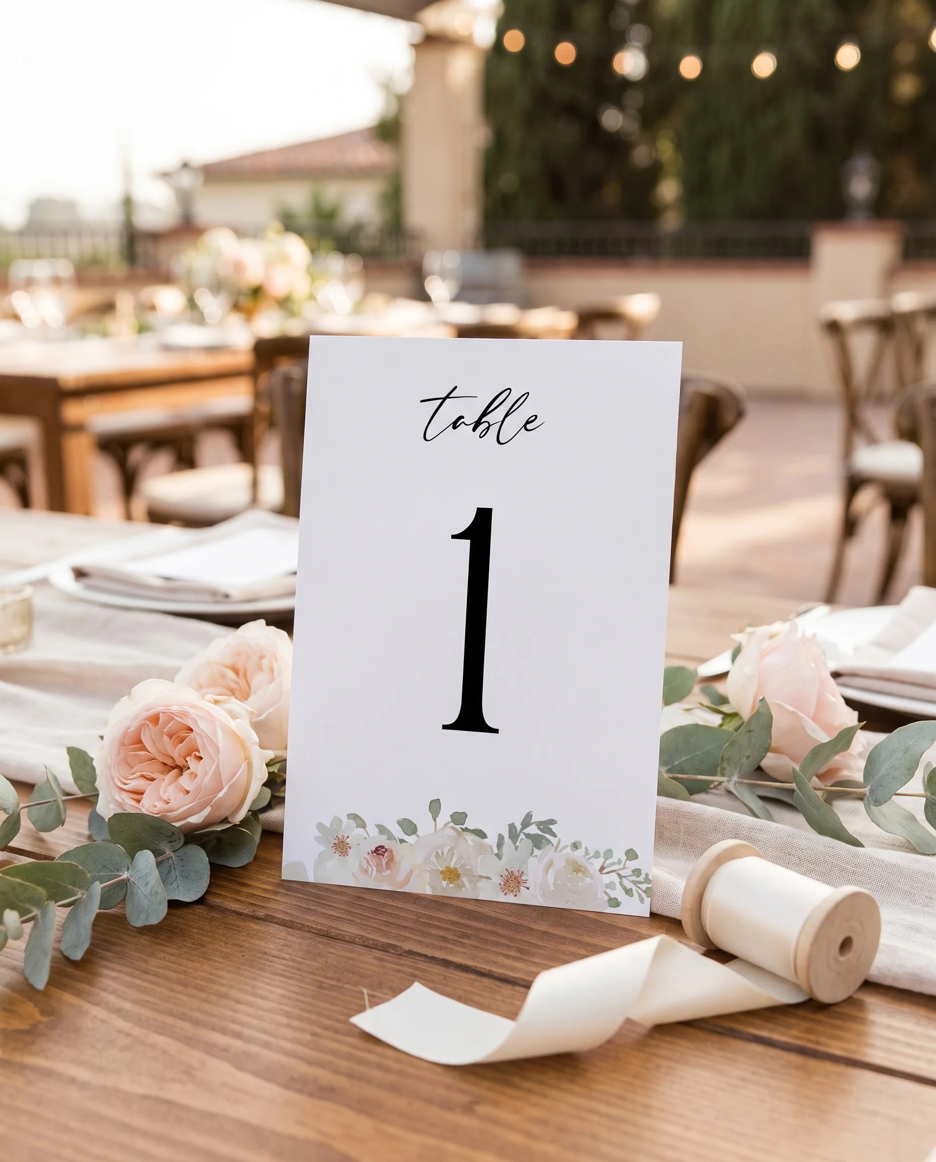 Seraphine wedding table number — standing upright on a dressed table under soft natural light, table numbers wedding.