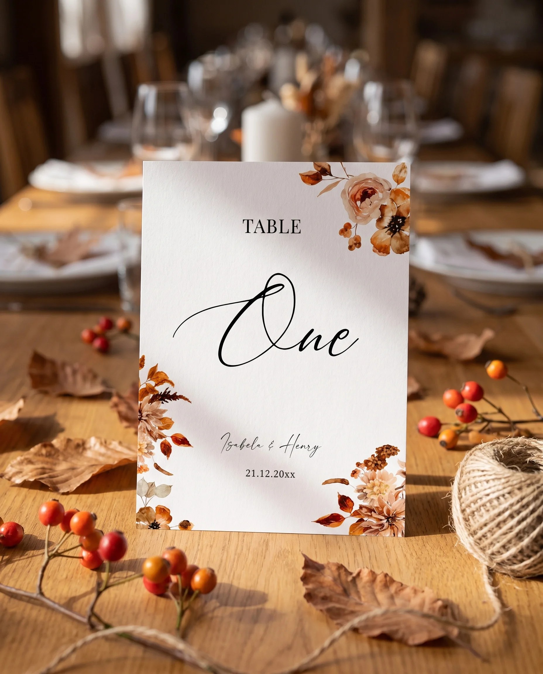 Autumn Bramble wedding table number — standing upright on a dressed table under soft natural light, table numbers wedding
