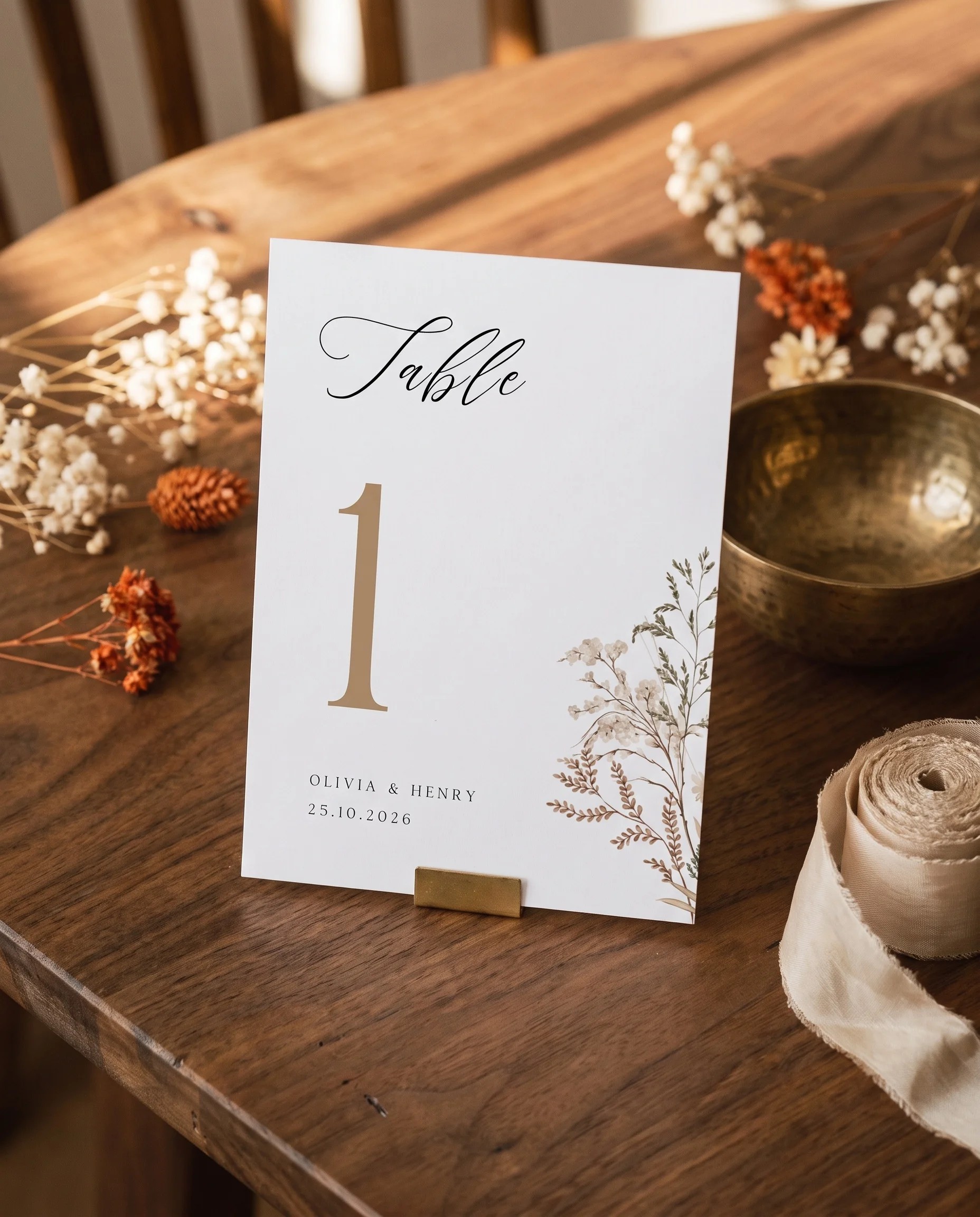 Bramble Court wedding table number — standing upright on a dressed table under soft natural light, table numbers wedding