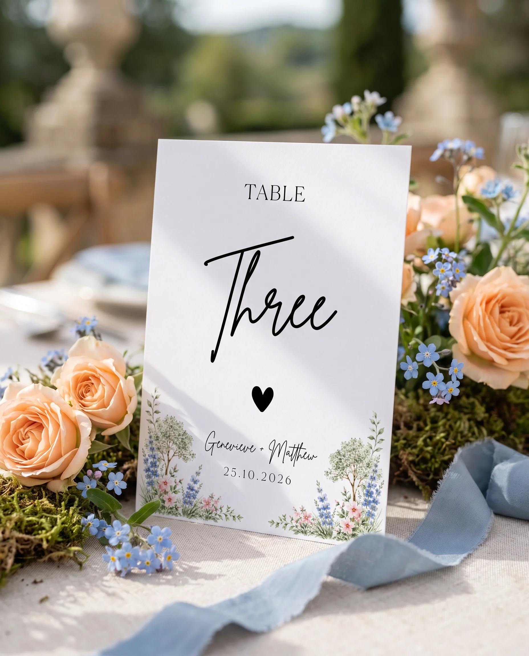 Meadow Spire wedding table number — standing upright on a dressed table under soft natural light, slight overhead angle, table numbers wedding