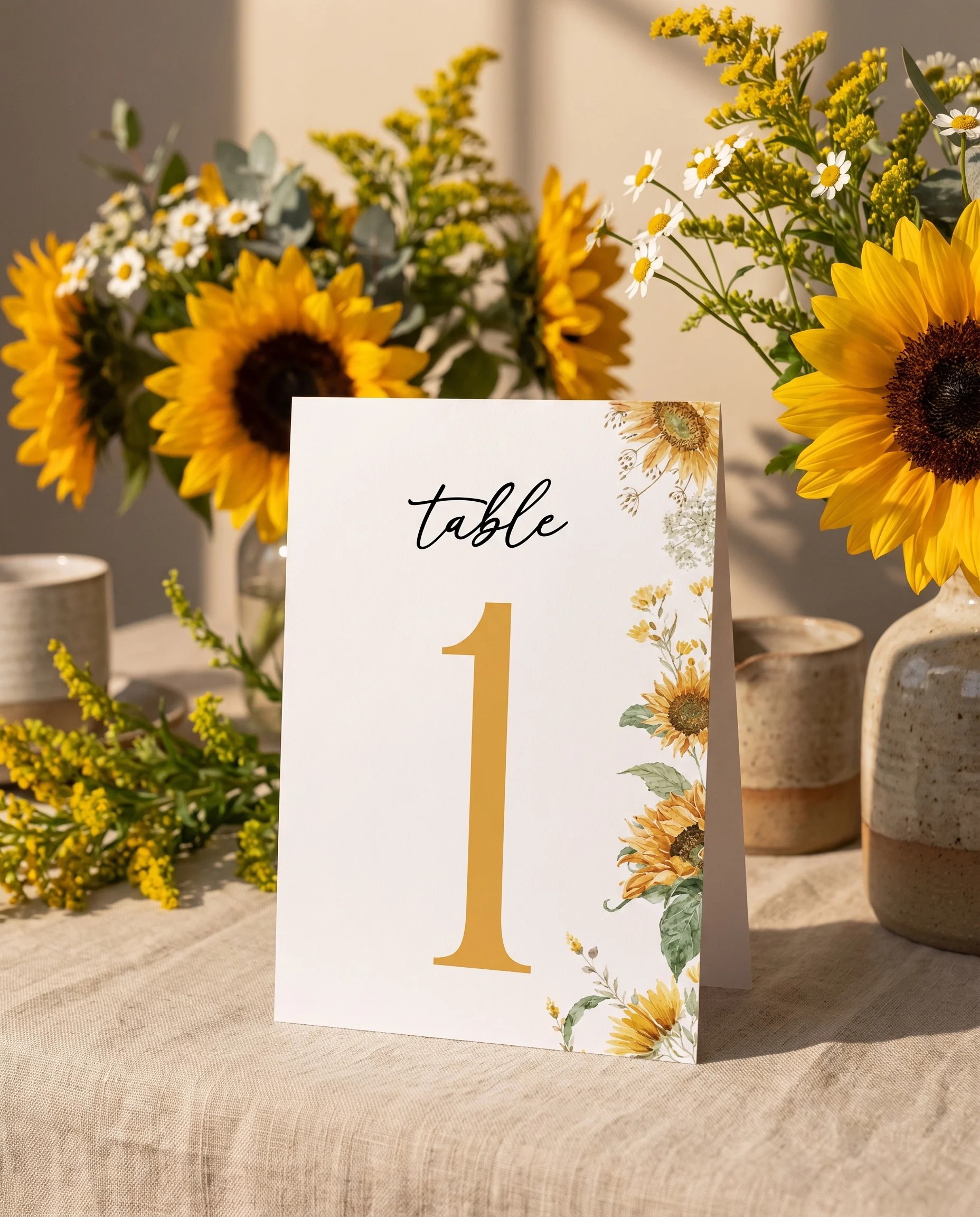 Honeyfield wedding table number — standing upright on a dressed table under soft natural light, slight overhead angle, table numbers wedding
