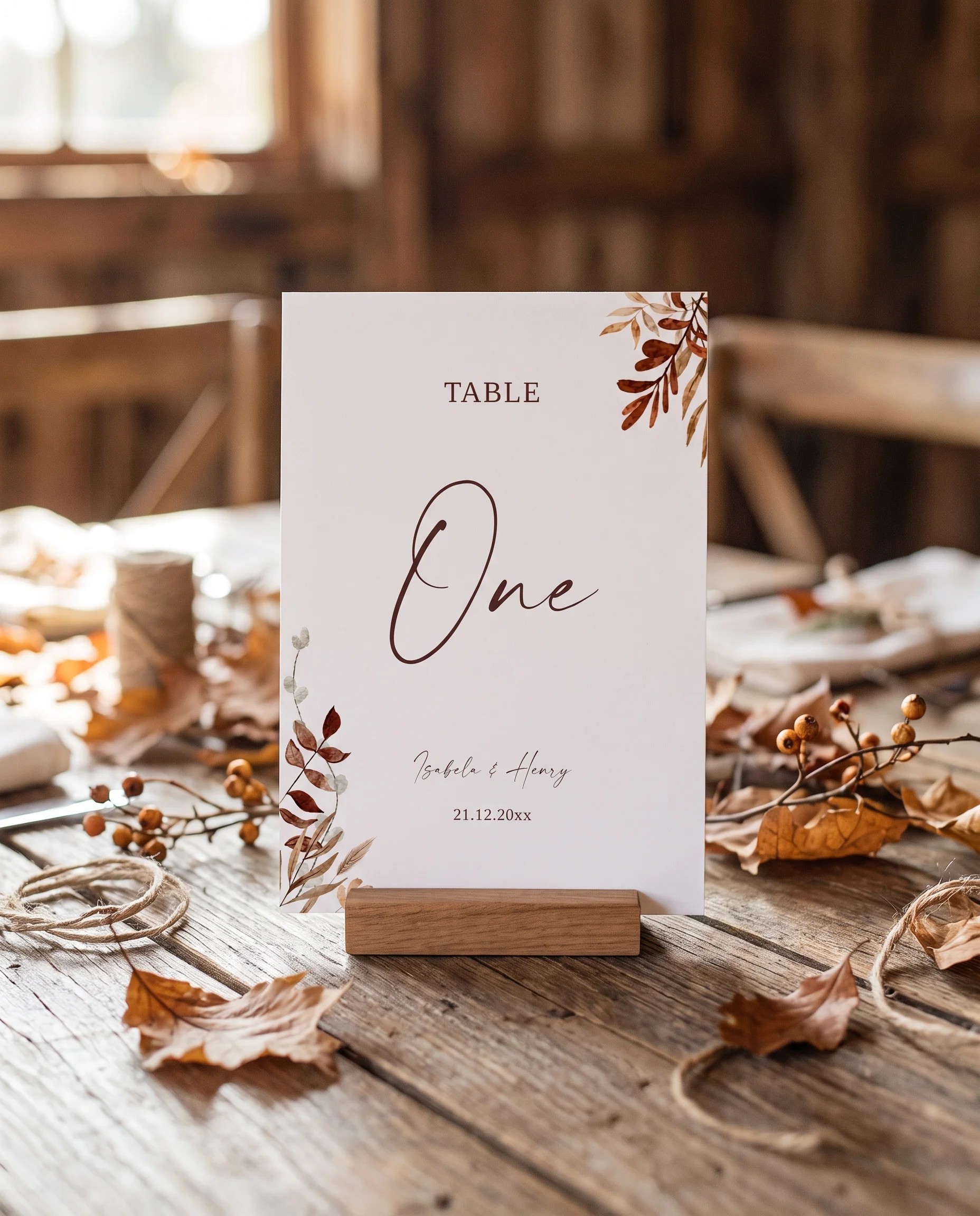 Autumn Bower wedding table number — card standing upright on a dressed table under soft natural light, table numbers wedding