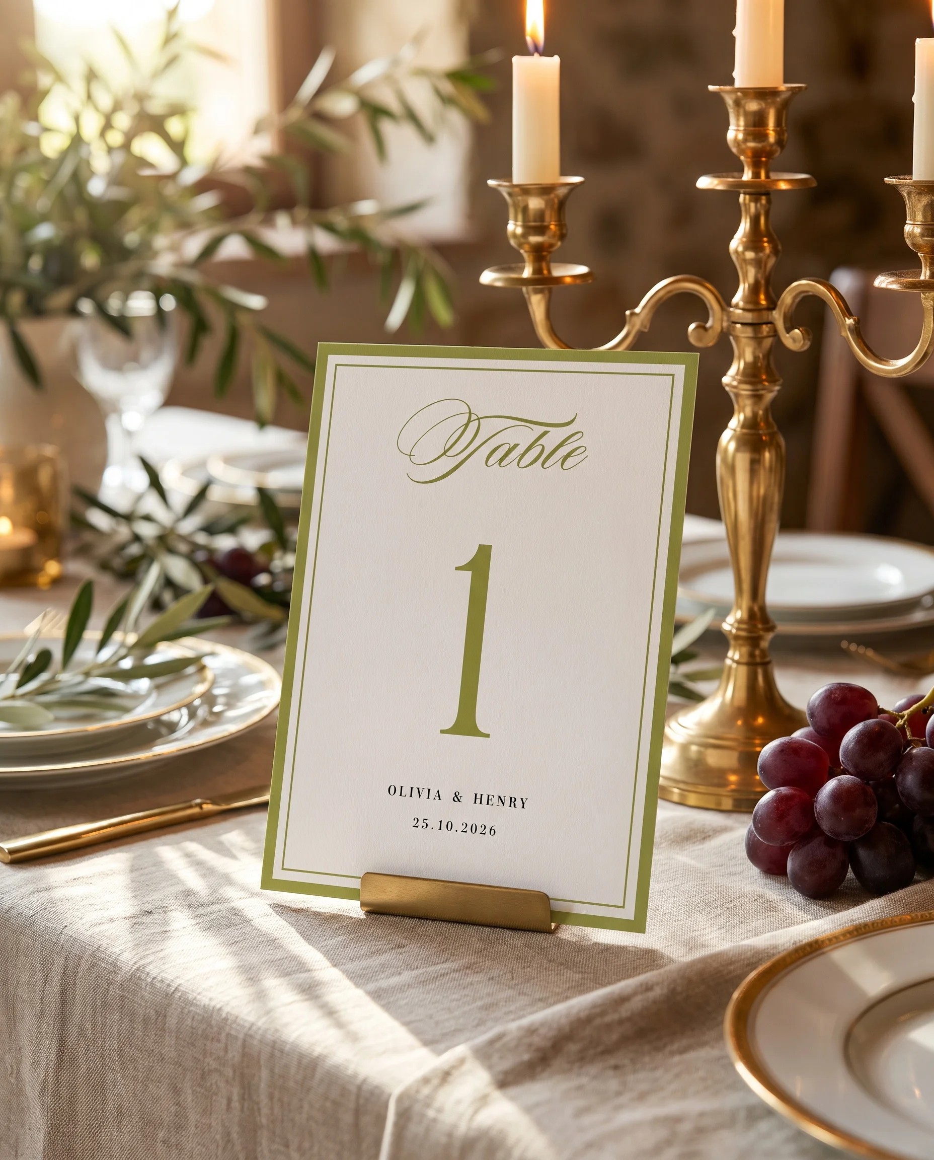 Olive Baroque wedding table number — standing upright on a dressed table under soft natural light, table numbers wedding