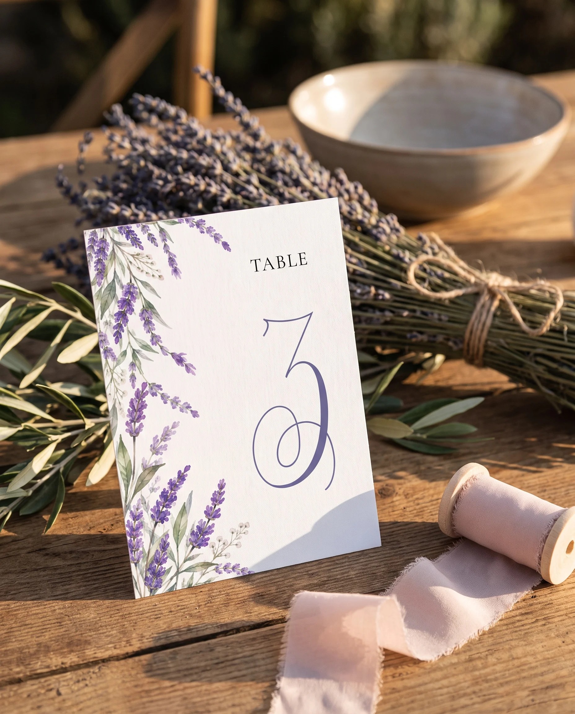 Provence Fields wedding table number — standing upright on a dressed table under soft natural light, table numbers wedding.