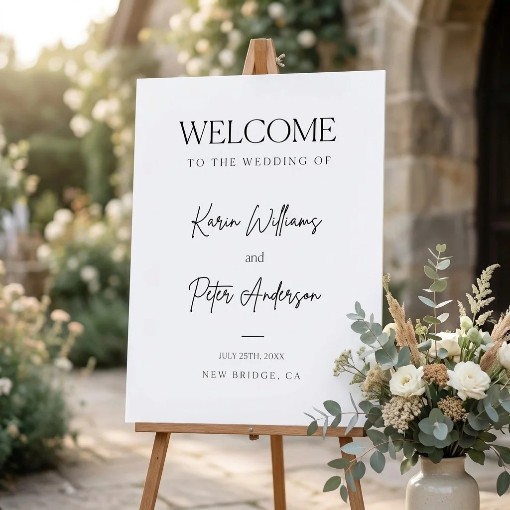 Contour wedding welcome sign — displayed at a wedding entrance on premium editorial paper under soft natural light, slight overhead angle, welcome to our wedding sign.
