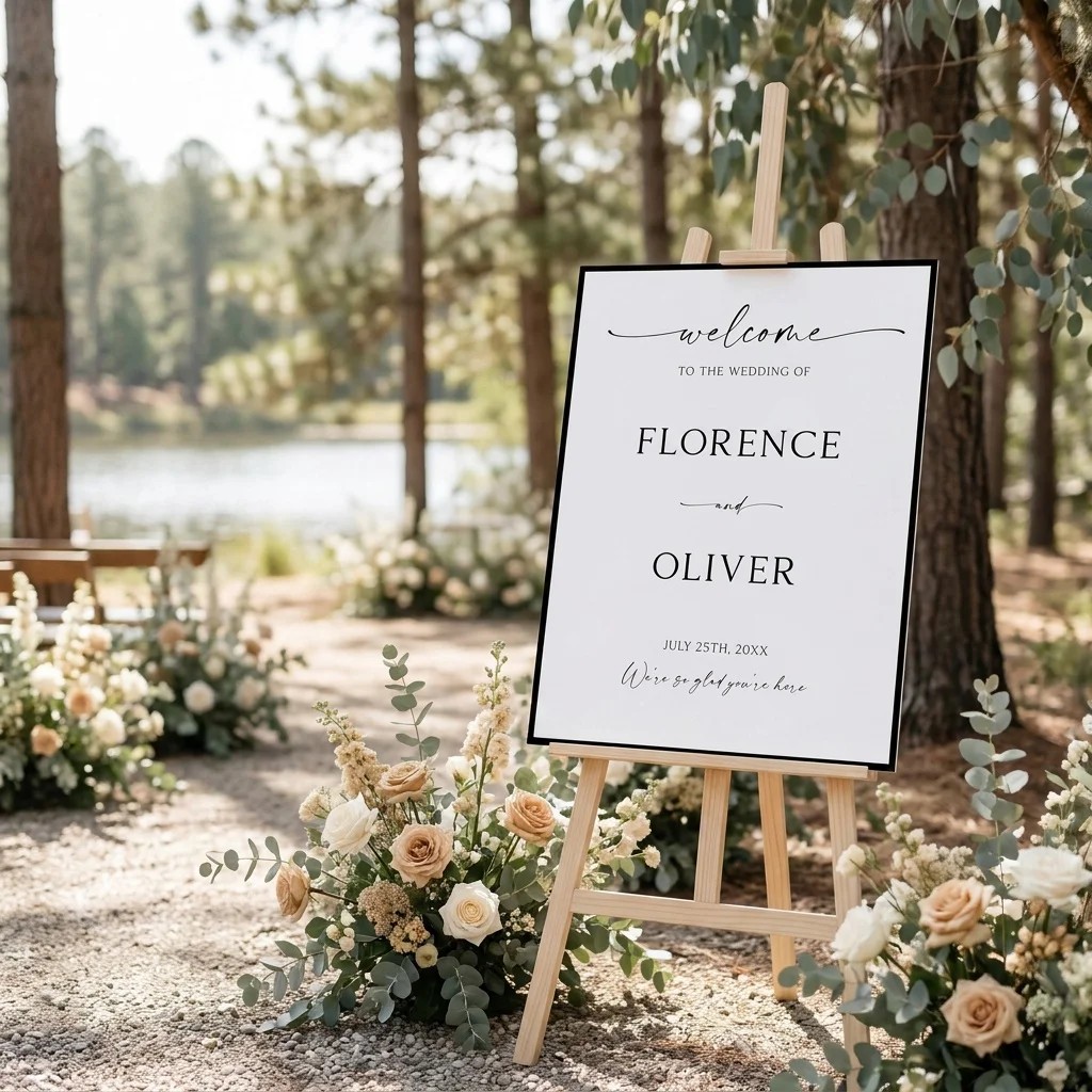 Lumen Frame wedding welcome sign — displayed at the entrance under soft natural light, welcome to our wedding sign.