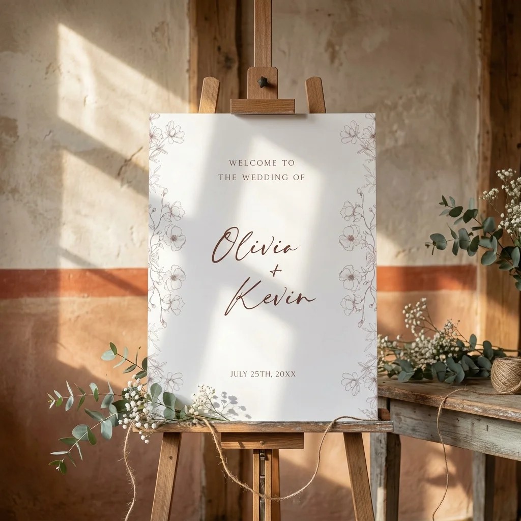 Arrow Bloom wedding welcome sign — displayed on an easel under soft natural light with a slight overhead angle, wedding welcome sign