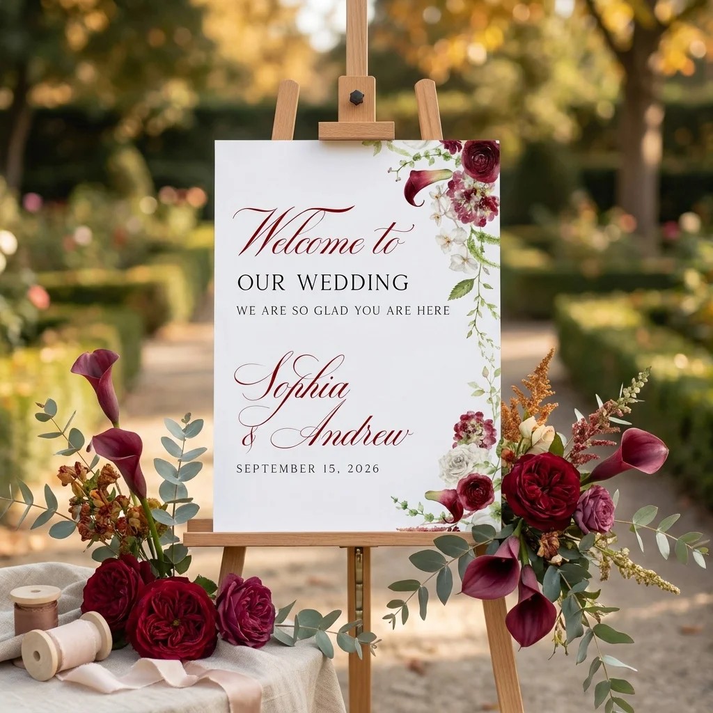 Burgundy Calla wedding welcome sign — displayed at a wedding entrance in soft natural light, welcome to our wedding sign.