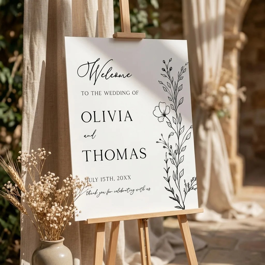Meadow Sprig wedding welcome sign — displayed at a wedding entrance in soft natural light, welcome to our wedding sign.