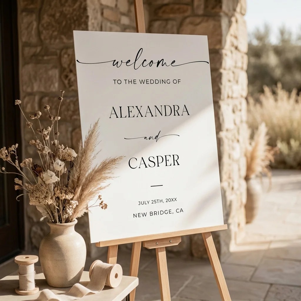 Charline wedding welcome sign — displayed at an entrance under soft natural light with a slight overhead angle, welcome to our wedding sign.
