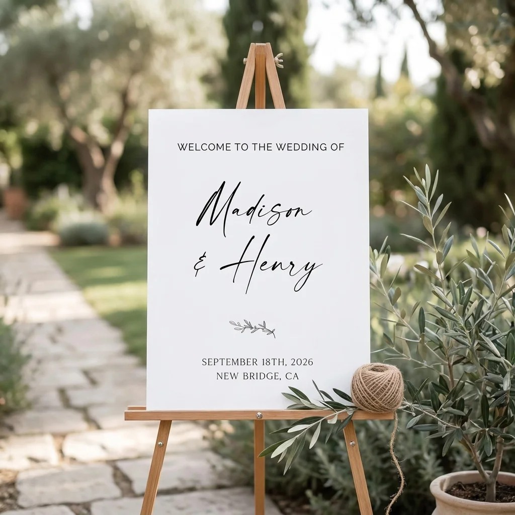 Willow Script wedding welcome sign — displayed at a wedding entrance under soft natural light, welcome to our wedding sign.