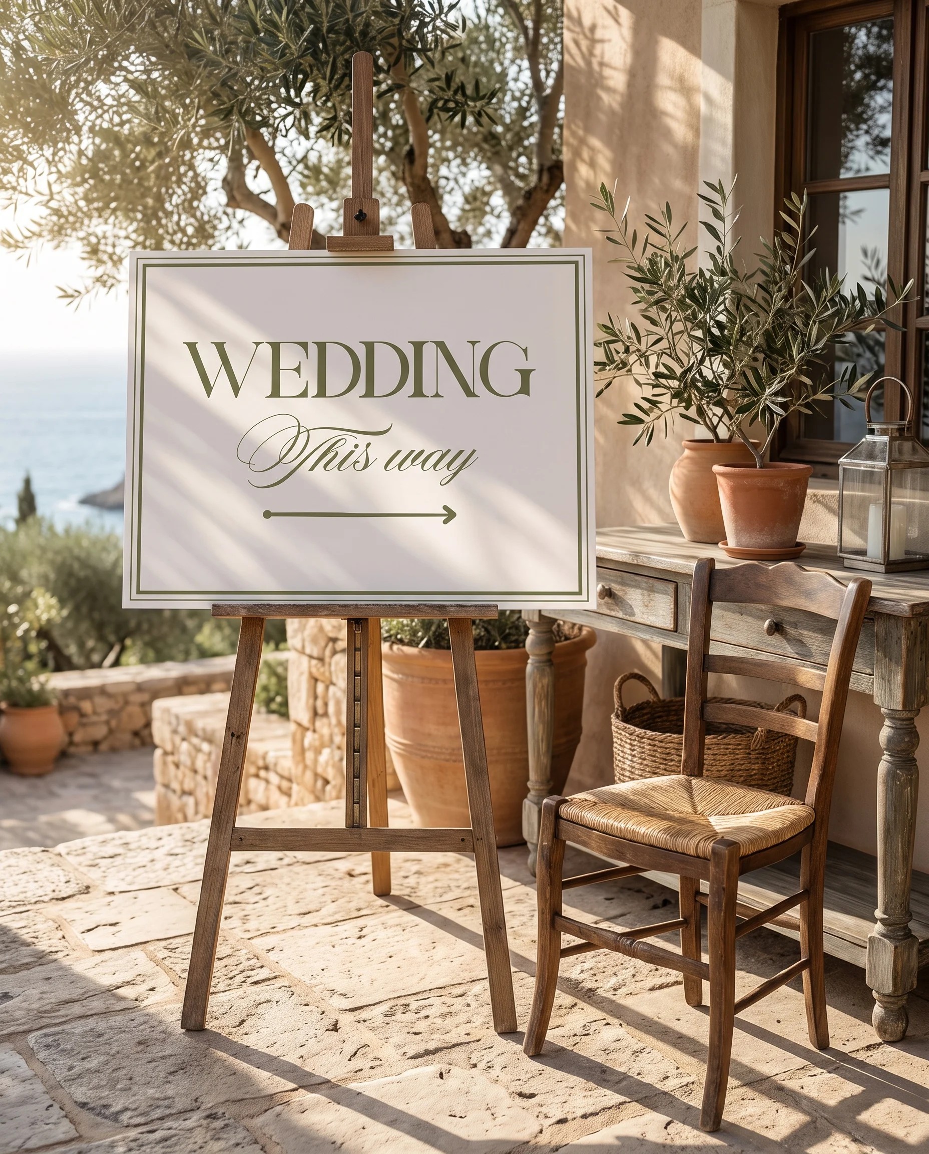 Olive Script wedding directional sign — displayed beside furniture for scale, softly lit on premium editorial paper, printable wedding signs.