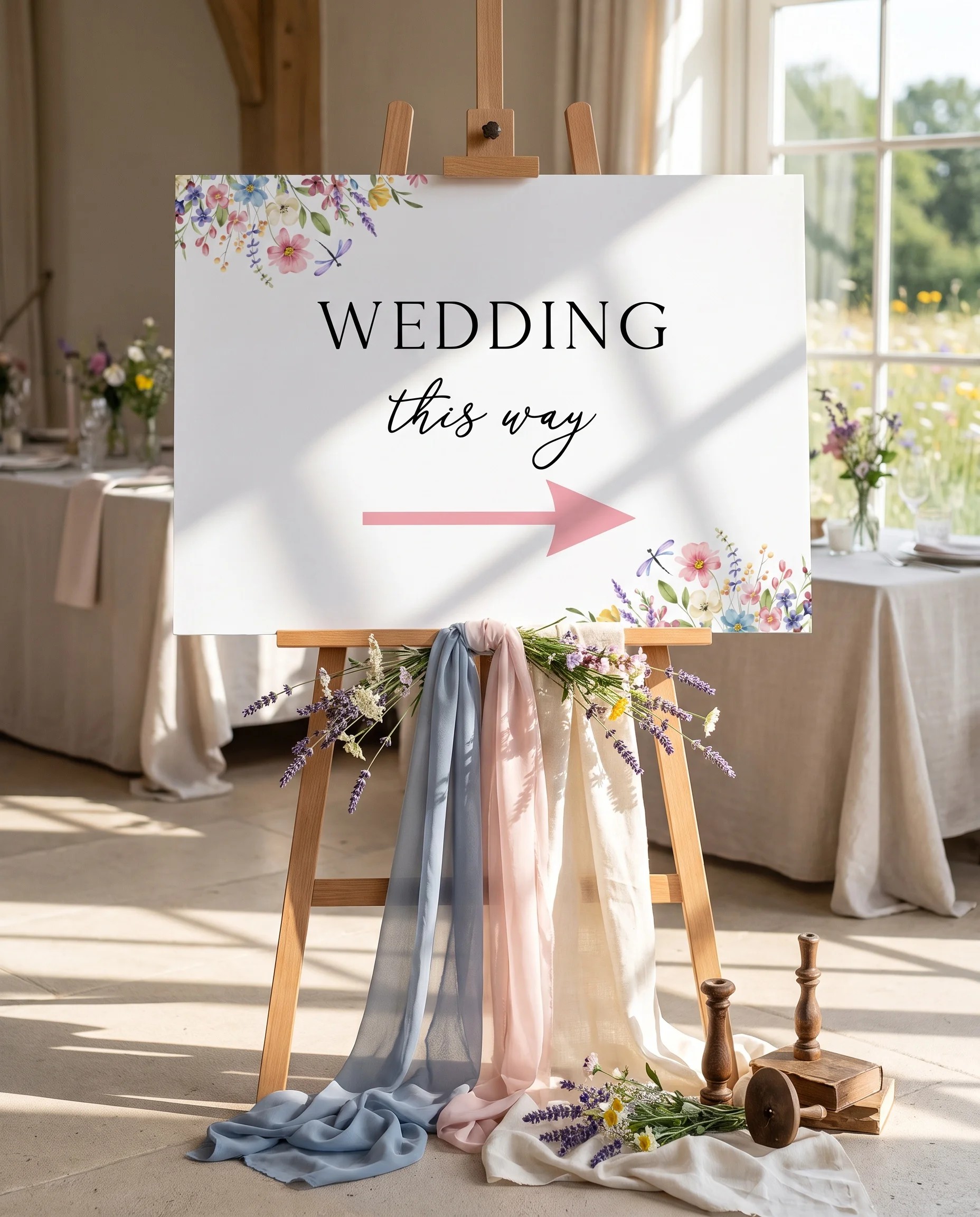 Meadowlark wedding directional sign — displayed on an easel under soft natural light with a slight overhead angle, wedding signs