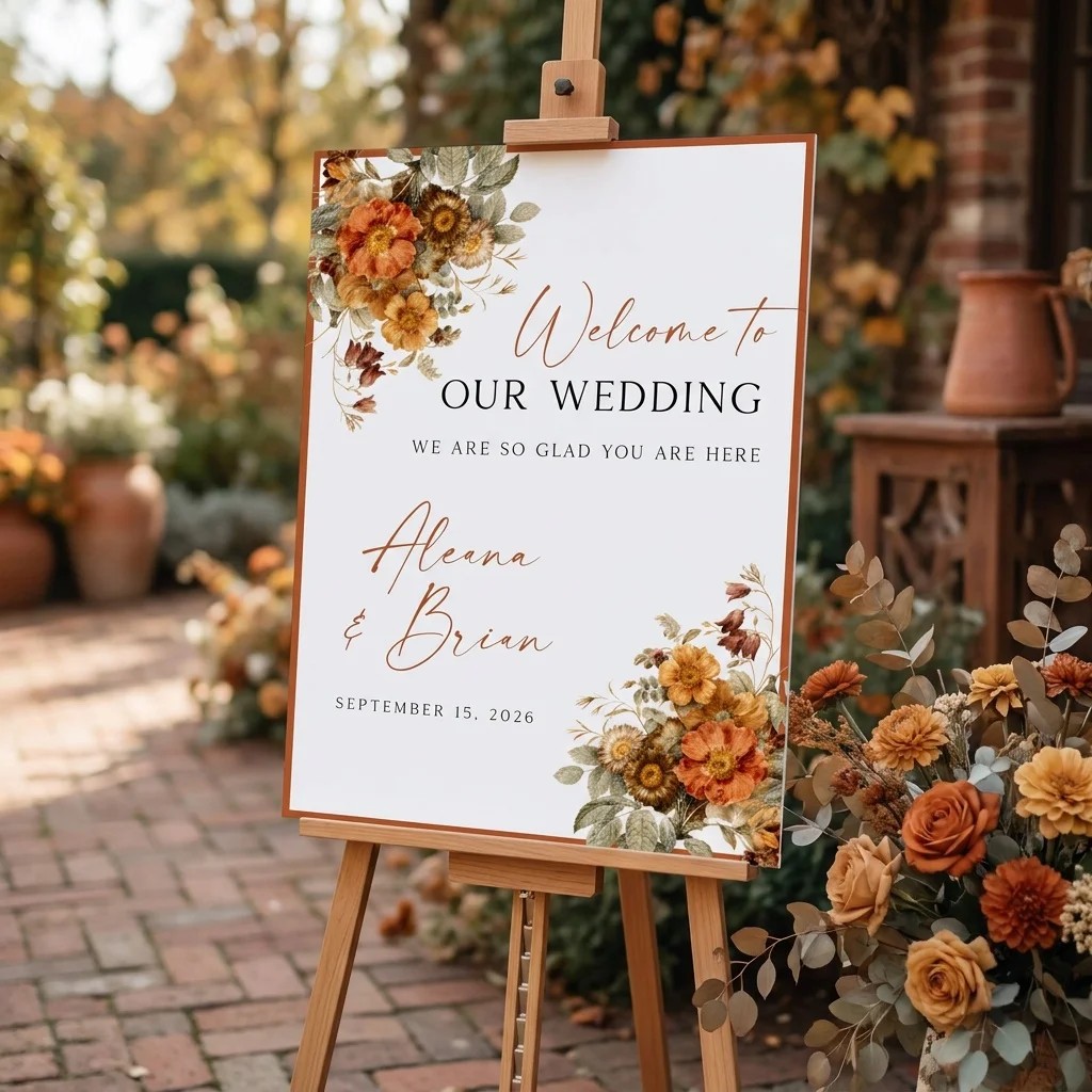 Terracotta Crown wedding welcome sign — shown at a wedding entrance under soft natural light with a slight overhead angle, welcome to our wedding sign.