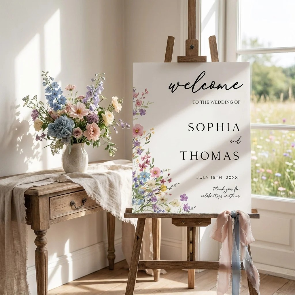 Meadowlark wedding welcome sign — shown beside furniture for scale on premium editorial paper in soft natural light, wedding signage.