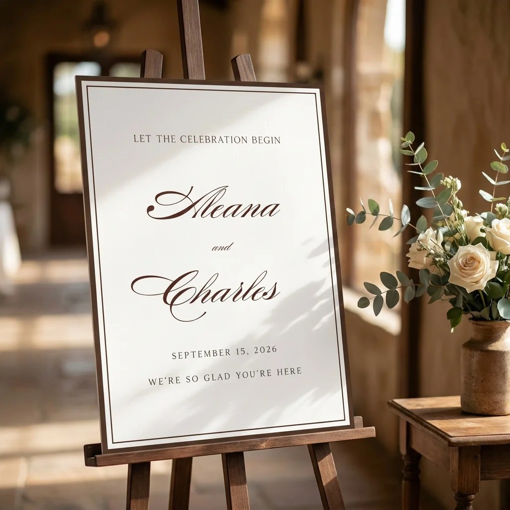 Velour wedding welcome sign — displayed at a wedding entrance under soft natural light with a slight overhead angle, welcome to our wedding sign.