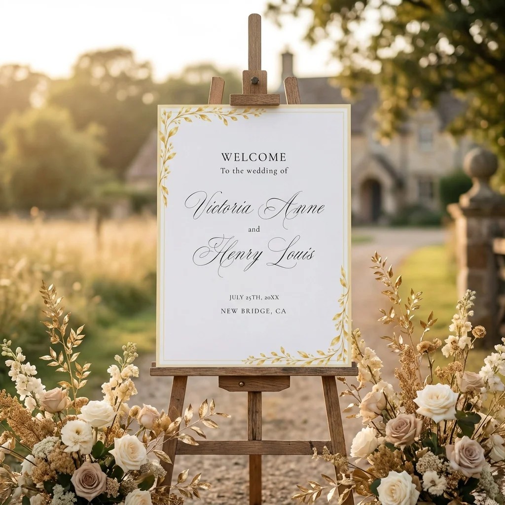 Gilded Bough wedding welcome sign — displayed at a wedding entrance under soft natural light, welcome to our wedding sign.