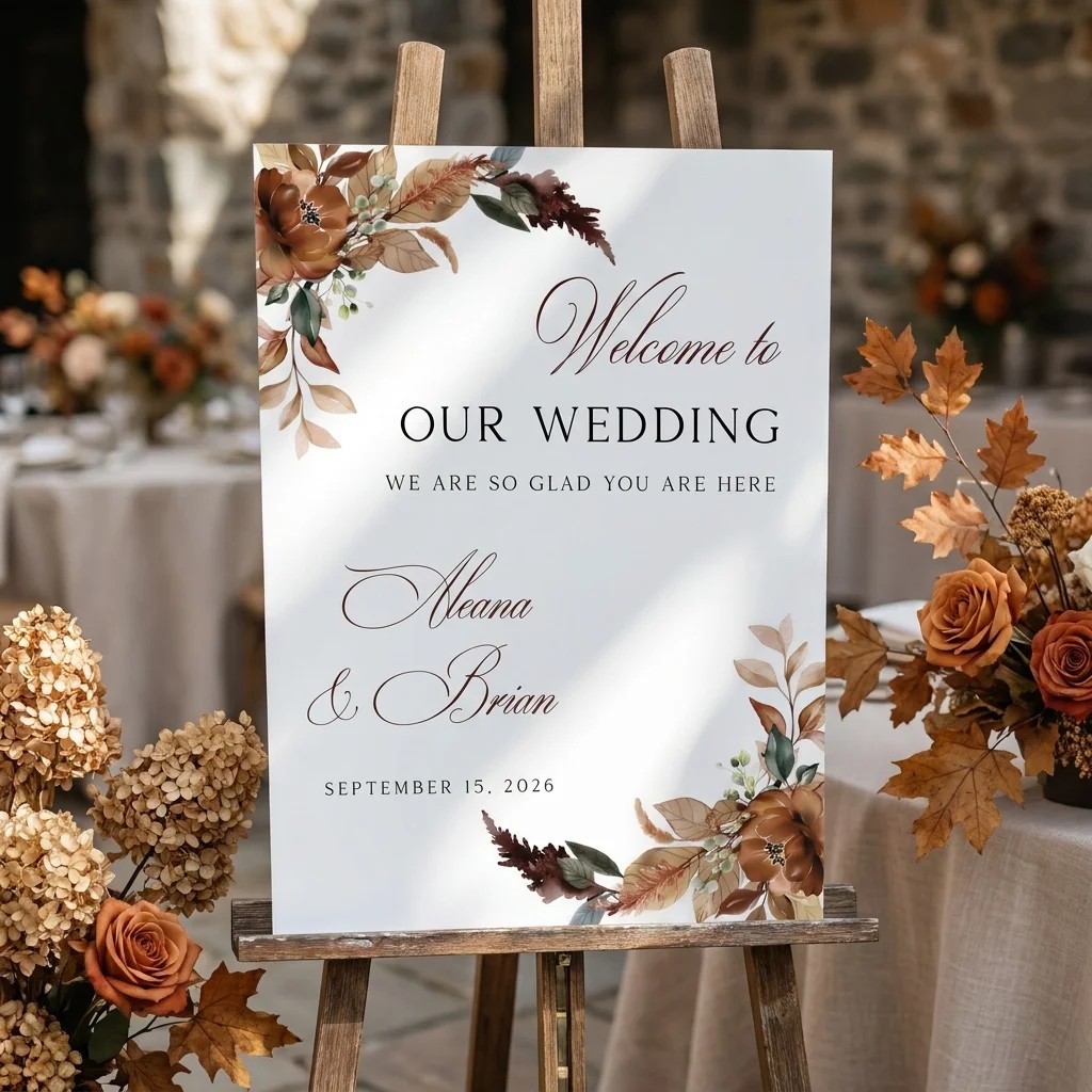 Bramble Row wedding welcome sign — displayed at a wedding entrance under soft natural light, welcome to our wedding sign.